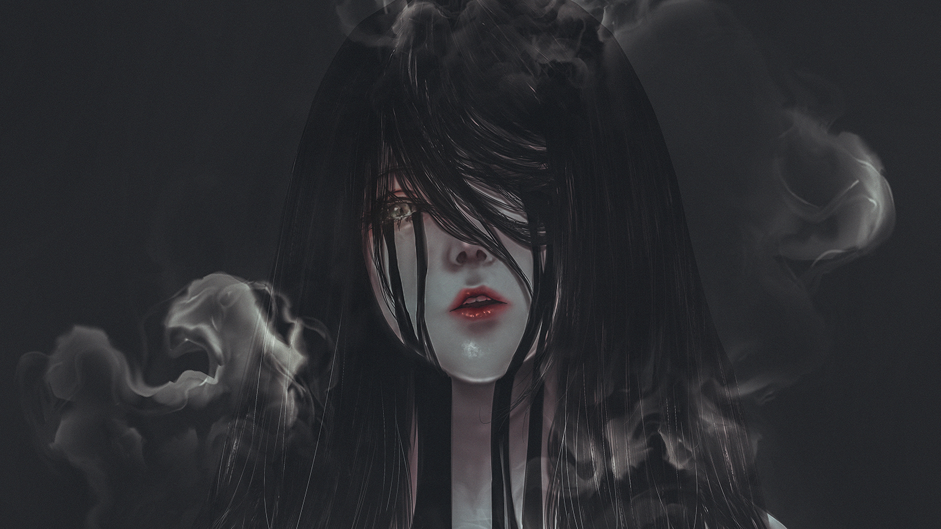 General 1920x1080 smoke red lipstick black hair digital art black background