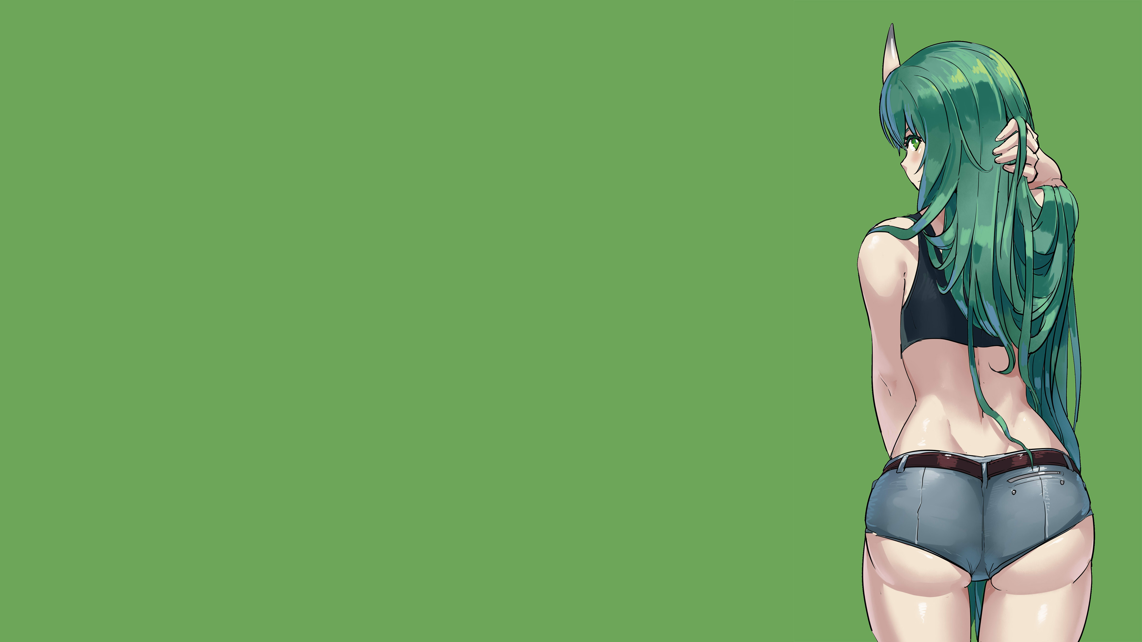 Anime 3840x2160 Arknights Shizouxing Kof Hoshiguma (Arknights) green background ass green hair standing anime girls anime long hair booty shorts