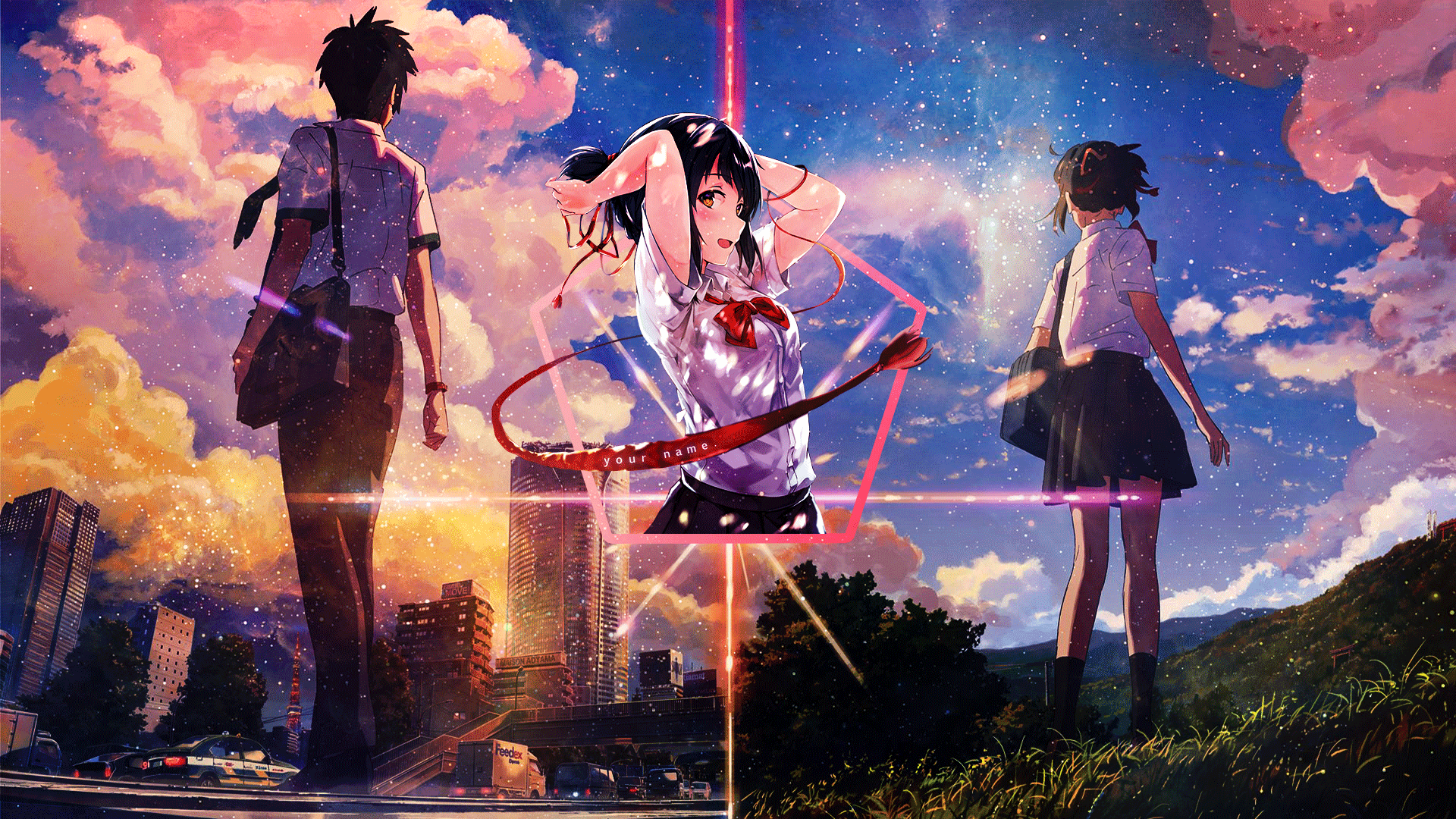 Anime 1920x1080 Kimi no Na Wa anime anime girls colorful sky outdoors arms up clouds city picture-in-picture looking at viewer brightness open mouth dark hair red bow Spiky Hair black pants white t-shirt anime boys
