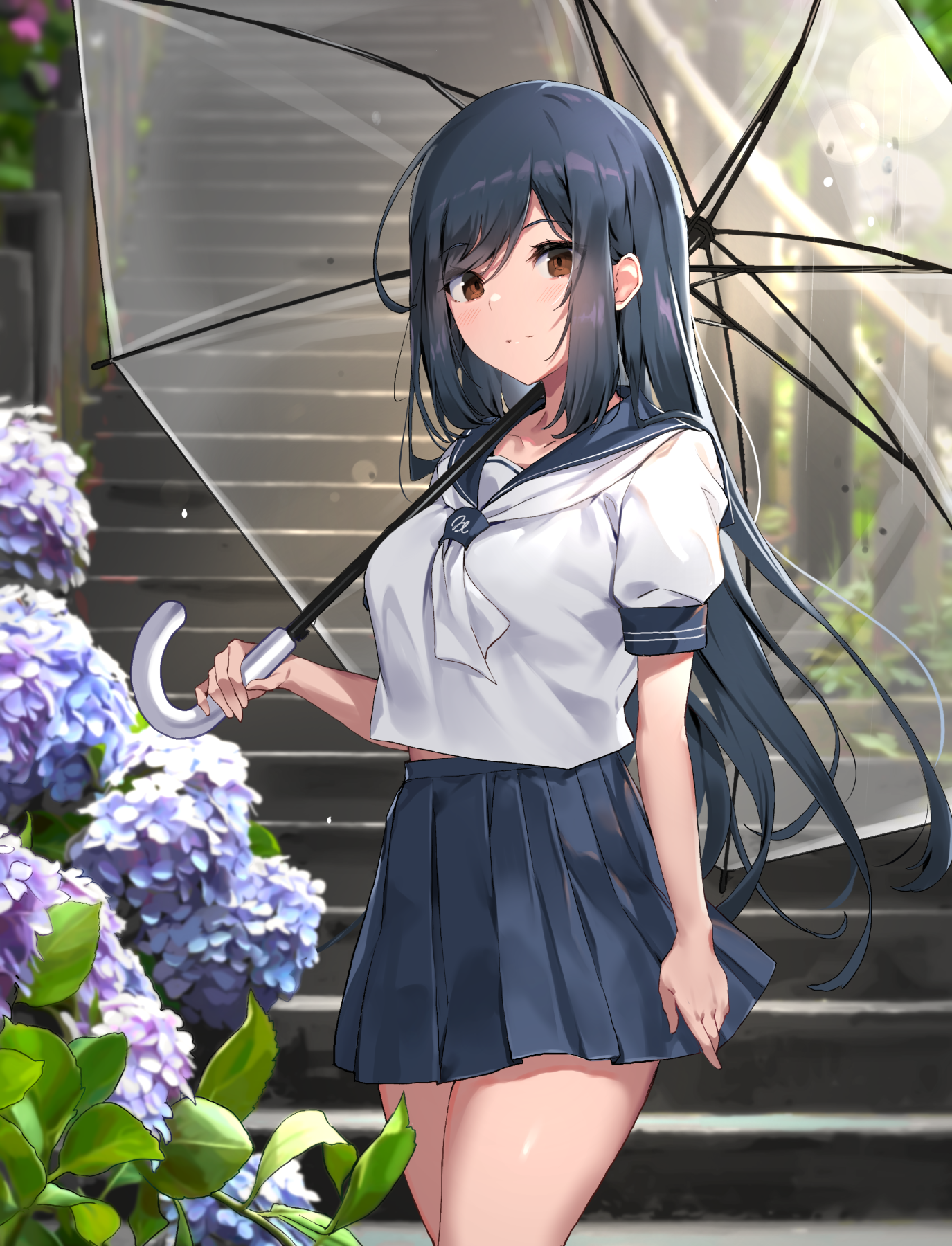 Anime 1375x1800 anime anime girls digital art artwork 2D portrait display umbrella flowers stairs school uniform brown eyes dark hair long hair Icomochi