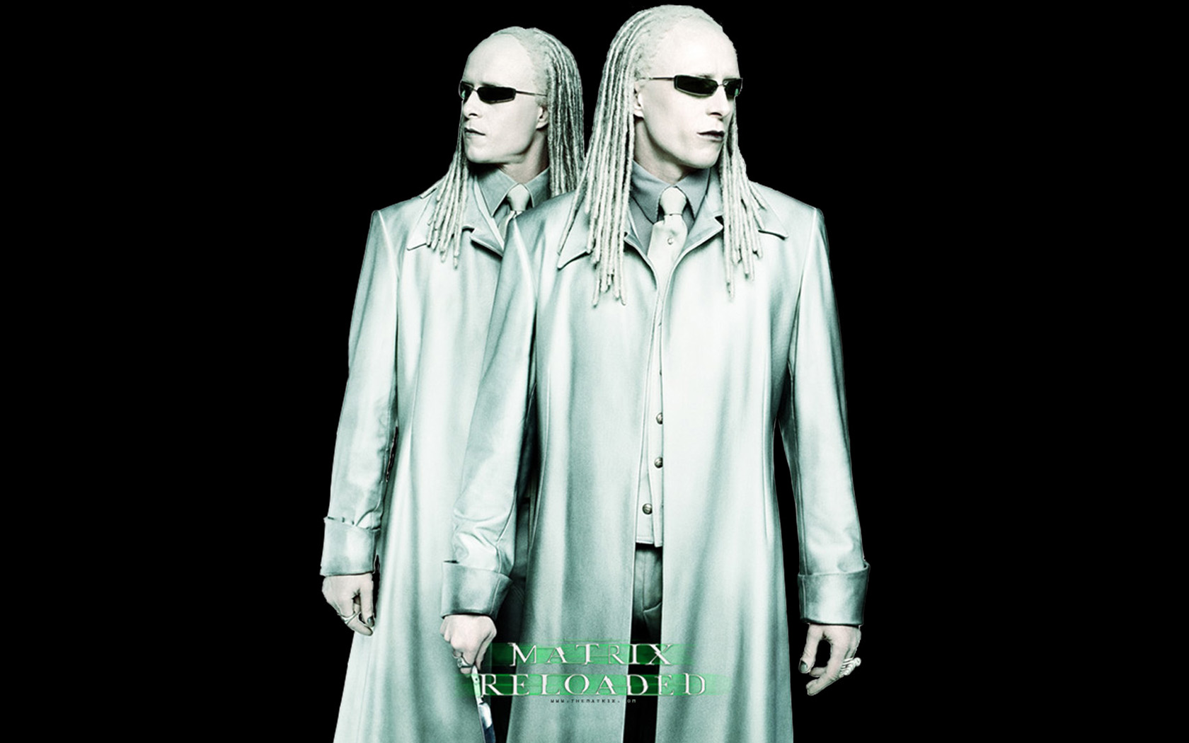 People 1680x1050 The Matrix Reloaded twins black background movies men pale dreadlocks white hair white clothing sunglasses