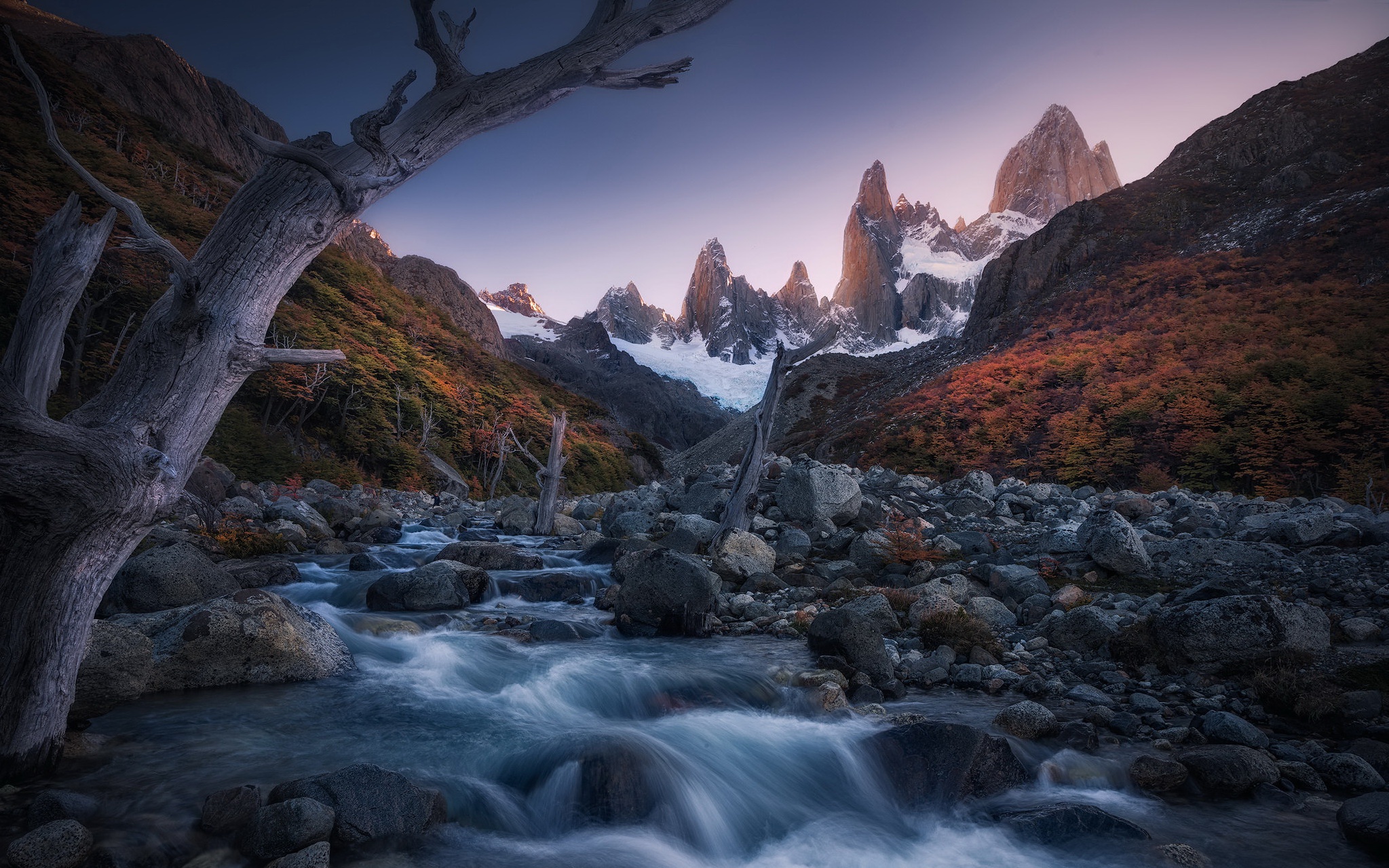General 2047x1279 river nature landscape mountains Torres del Paine rocks dead trees South America Patagonia Chile stones