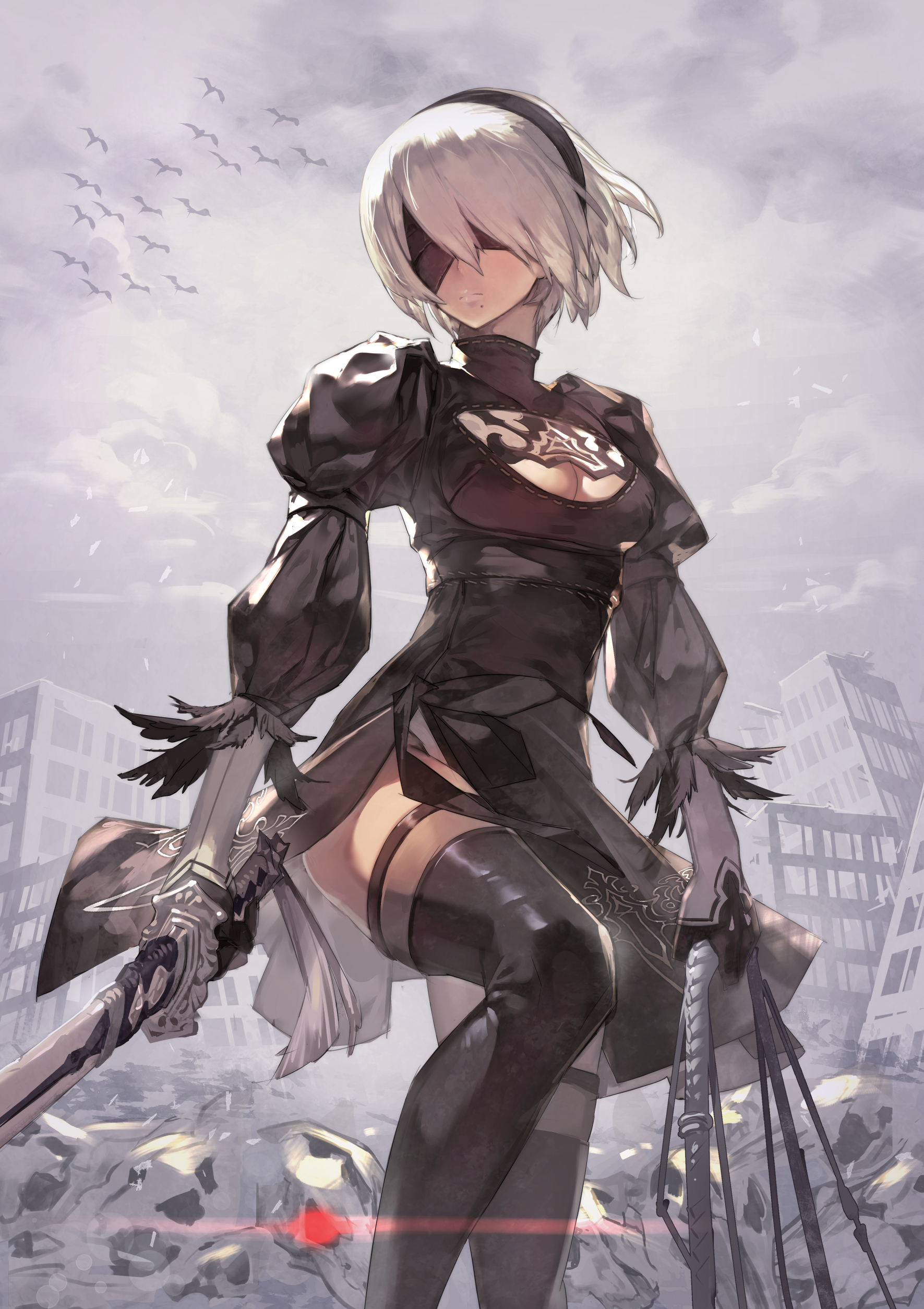 General 1771x2508 2B (Nier: Automata) sword anime portrait display digital art Nier: Automata cleavage cutout cleavage Katahira24 blindfold short hair overcast sky clouds weapon women with swords birds black dress thigh-highs ruins hairband moles mole under mouth white hair closed mouth