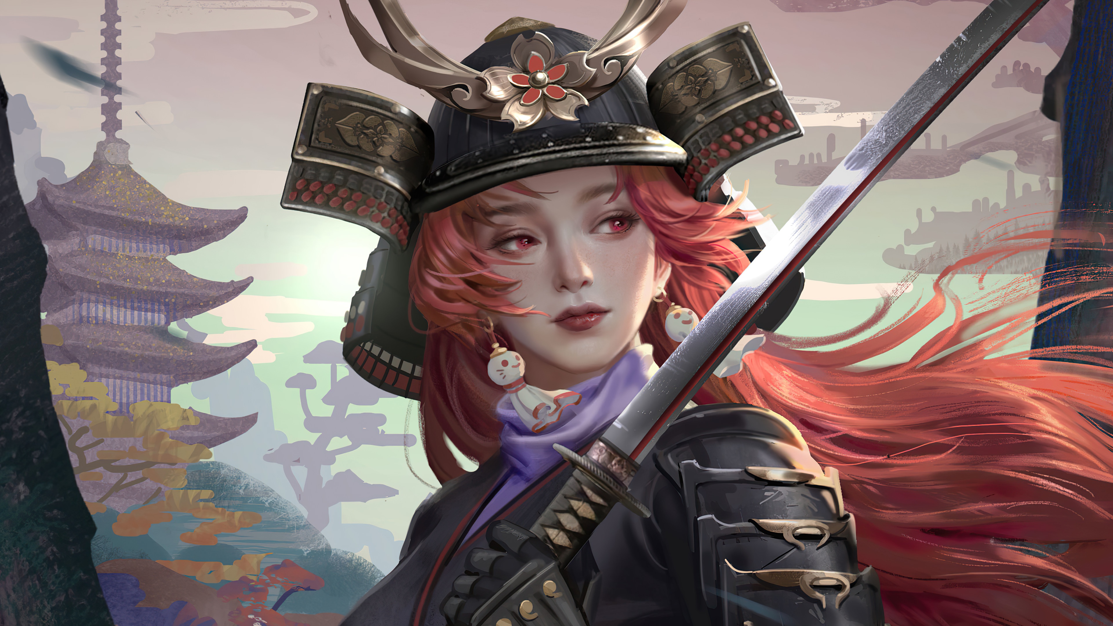 General 3840x2160 samurai katana sword helmet armor pagoda fantasy art artwork fantasy girl digital art
