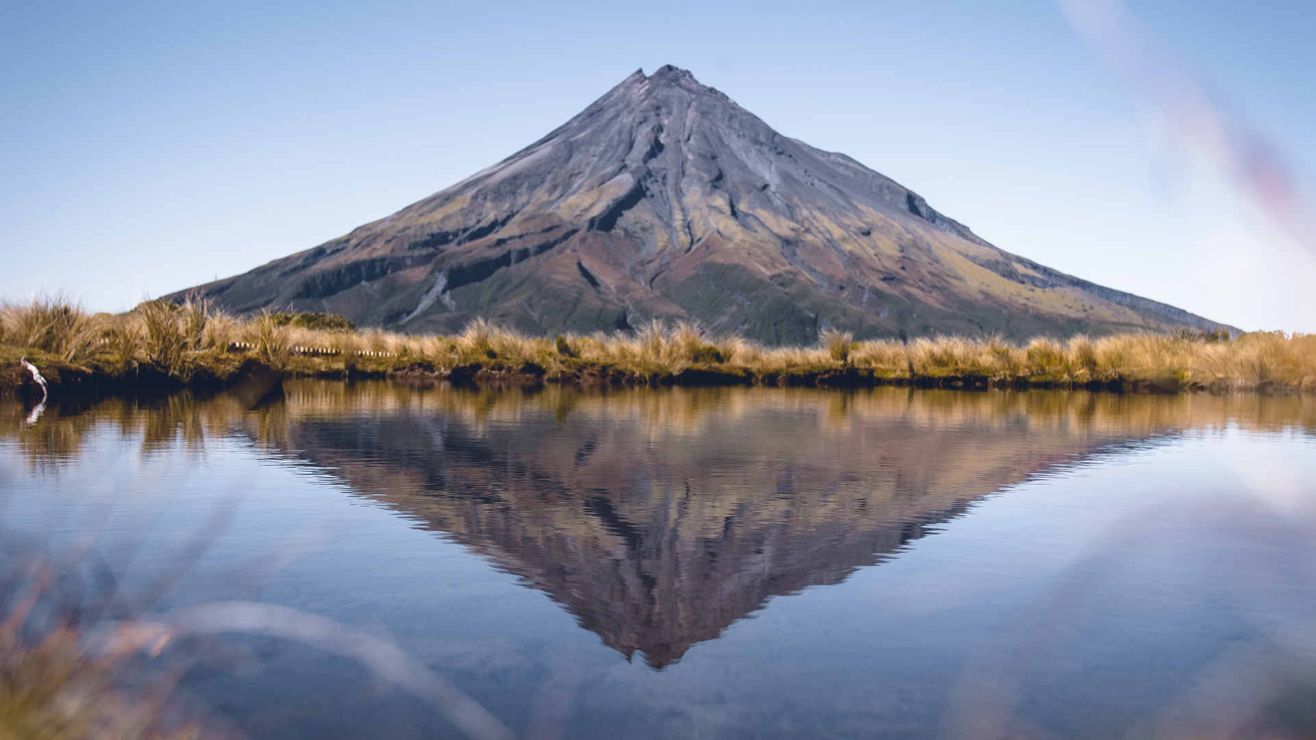 General 1920x1080 photography reflection water New Zealand Mount Taranaki nature mountains centered