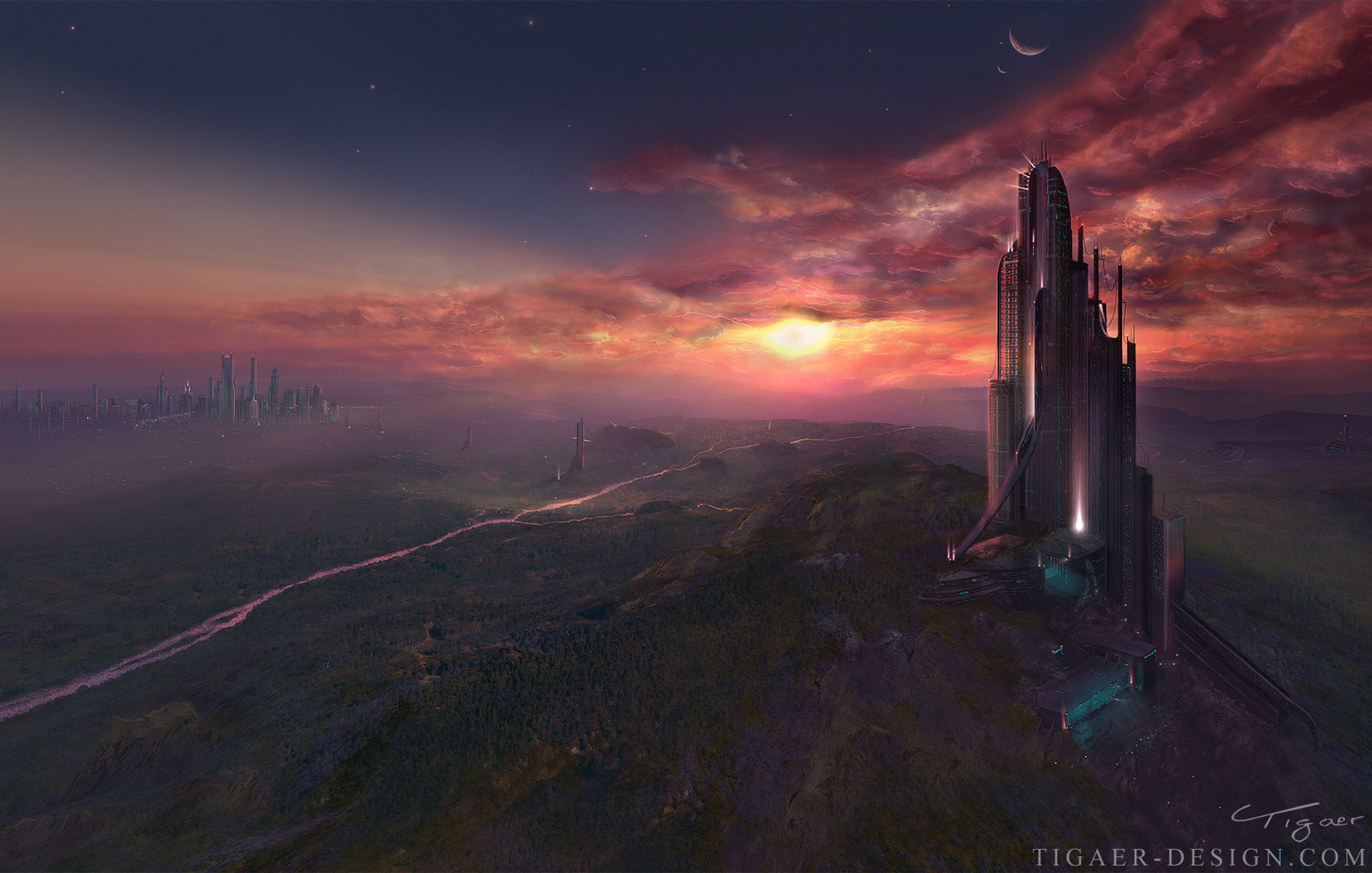 General 1700x1082 science fiction landscape building sunset sky stars satellite city horizon clouds river night