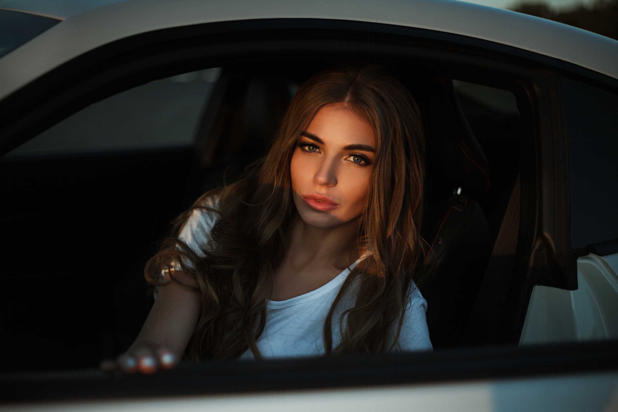 People 2560x1707 women model brunette looking at viewer portrait long hair women with cars car interior