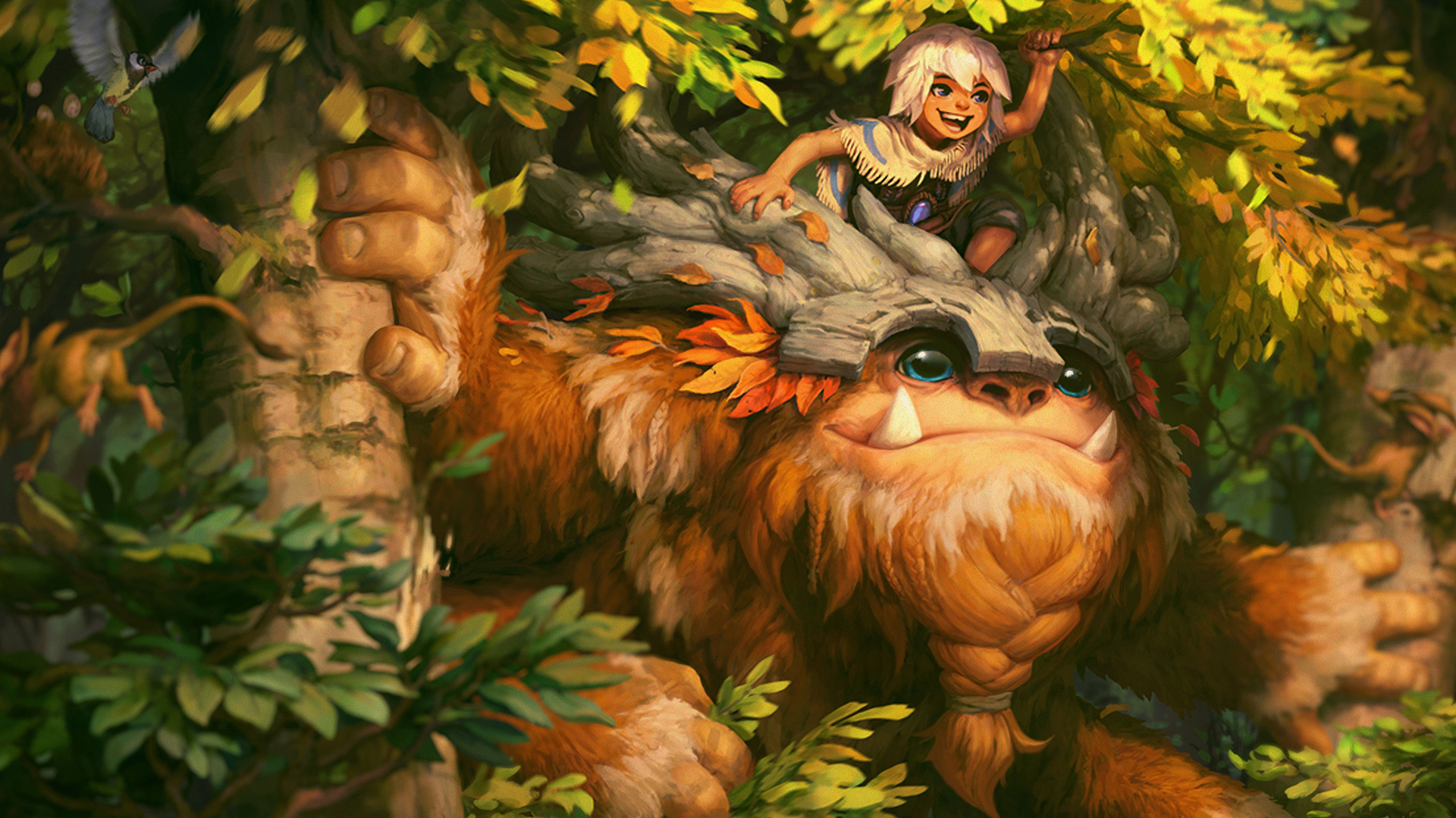 General 1920x1080 League of Legends Nunu & Willump Nunu creature PC gaming digital art video games video game characters fur video game boys smiling video game creatures fangs closed mouth open mouth leaves hair between eyes trees fallen leaves animals natural light looking away