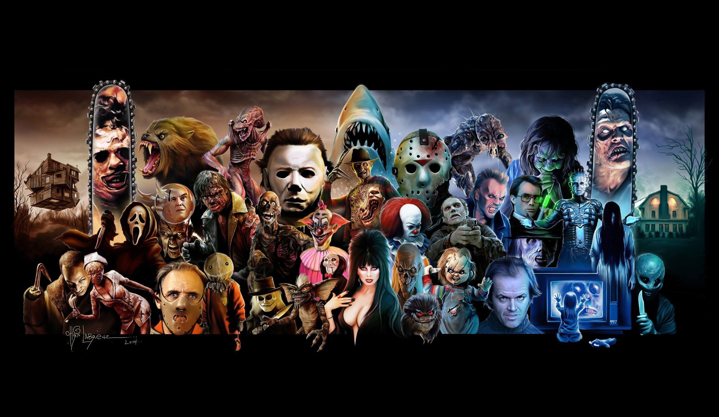 General 2500x1450 horror artwork movies collage 2014 (Year) Hannibal Lecter Chucky leatherface ghostface Freddy Krueger Puppet Master Gremlins Jaws Jason Voorhees The Fly The Exorcist Pinhead (Hellraiser) Poltergeist Evil Dead Saw Crypt Keeper Re-Animator Herbert West (Re-Animator) sadako The Cabin in the Woods