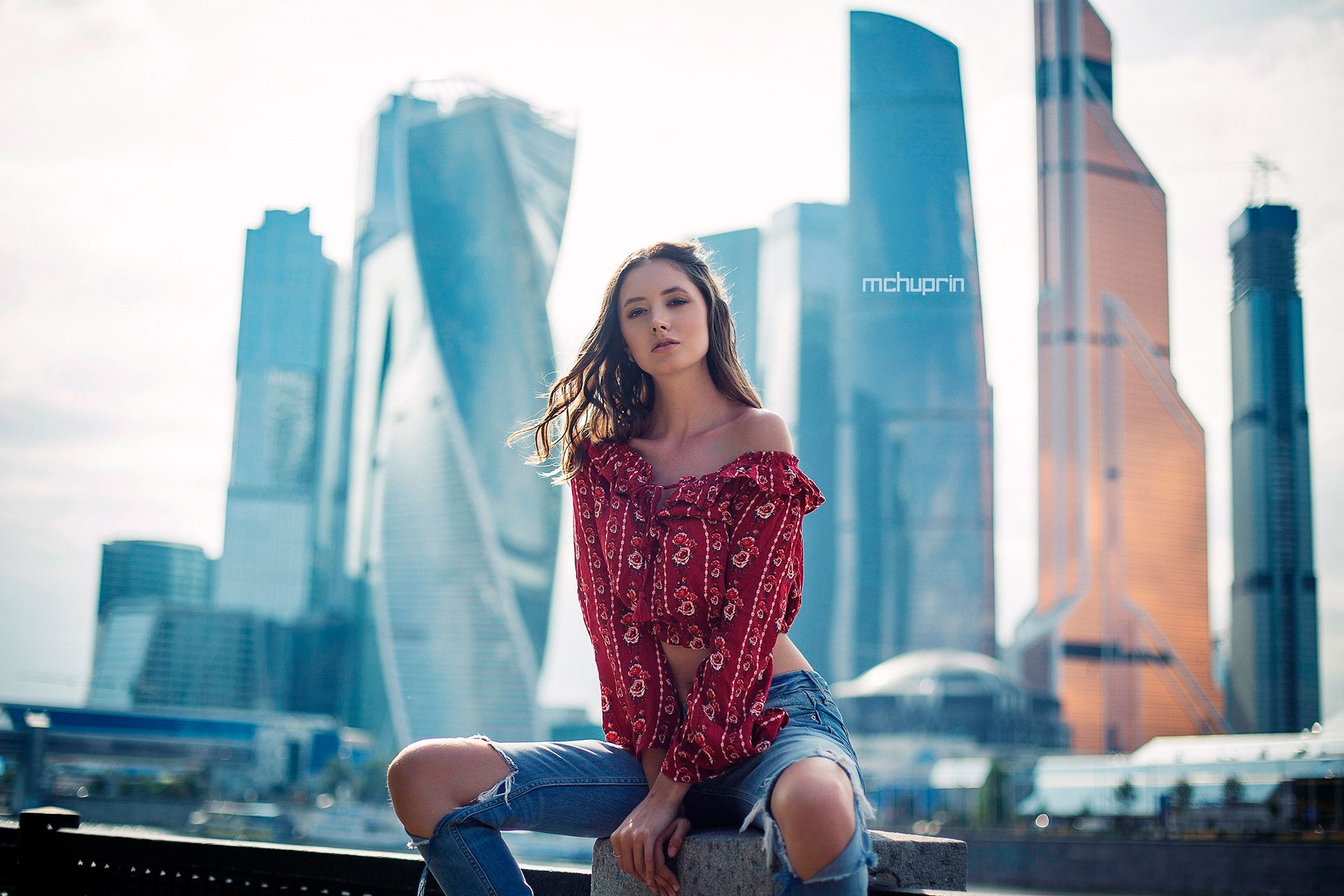 People 1920x1280 Disha Shemetova women cityscape torn jeans portrait women outdoors sitting Moscow Maksim Chuprin watermarked Russia looking at viewer urban torn clothes long hair model