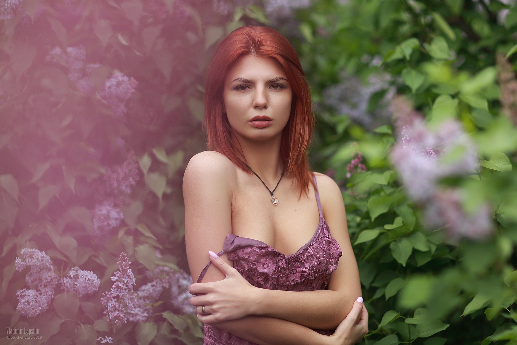 People 1800x1200 Anastasia Kuper women model redhead looking at viewer portrait bare shoulders cleavage no bra dress arms crossed necklace plants bokeh painted nails outdoors women outdoors Vladimir Lapshin undressing