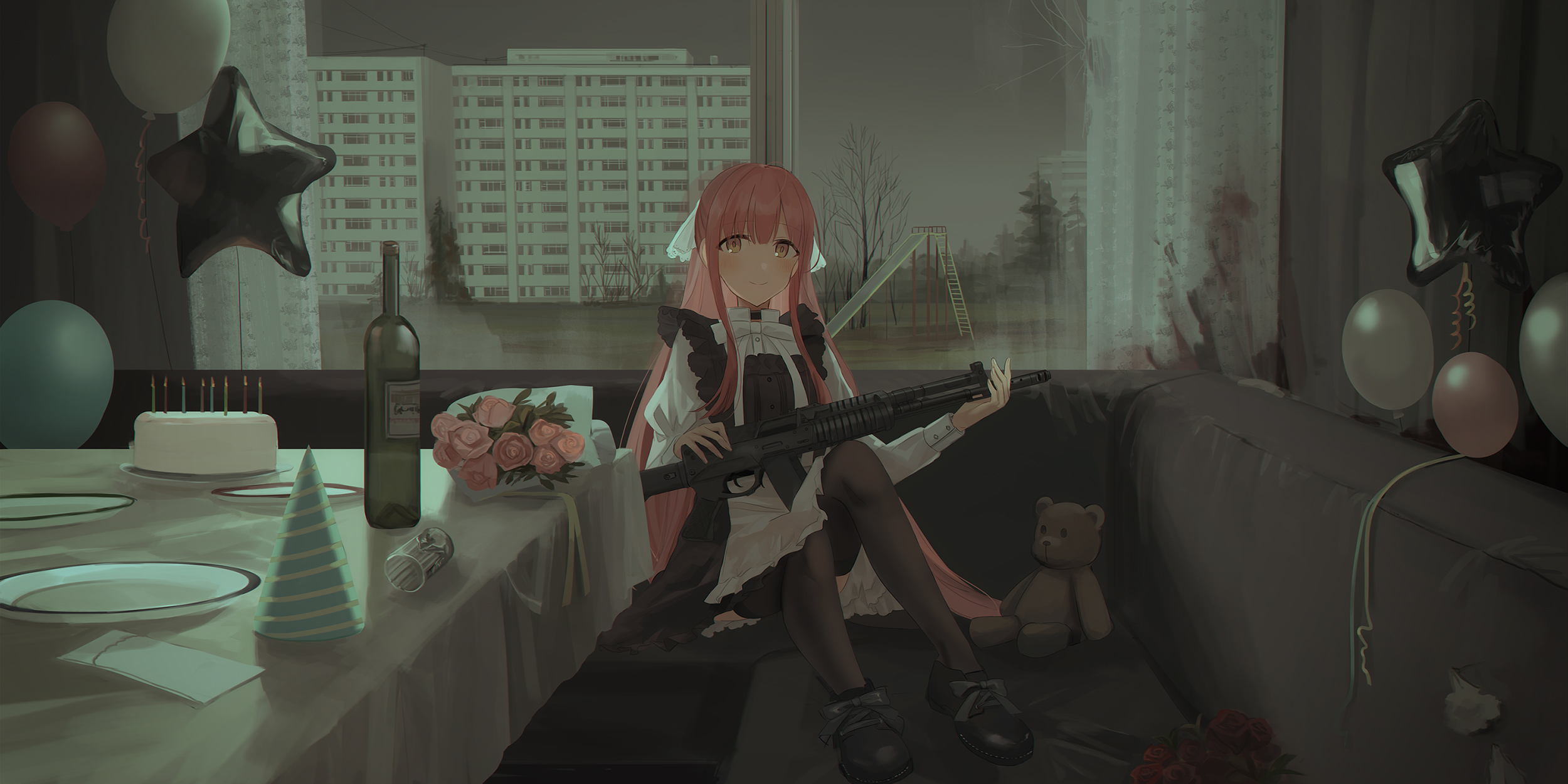 Anime 2500x1250 gun Party Room balloon bouquet teddy bears smiling pink hair playground cake plates champagne anime girls Chihuri 45 Pixiv girls with guns food sweets bottles machine gun weapon long hair plush toy women maid maid outfit anime