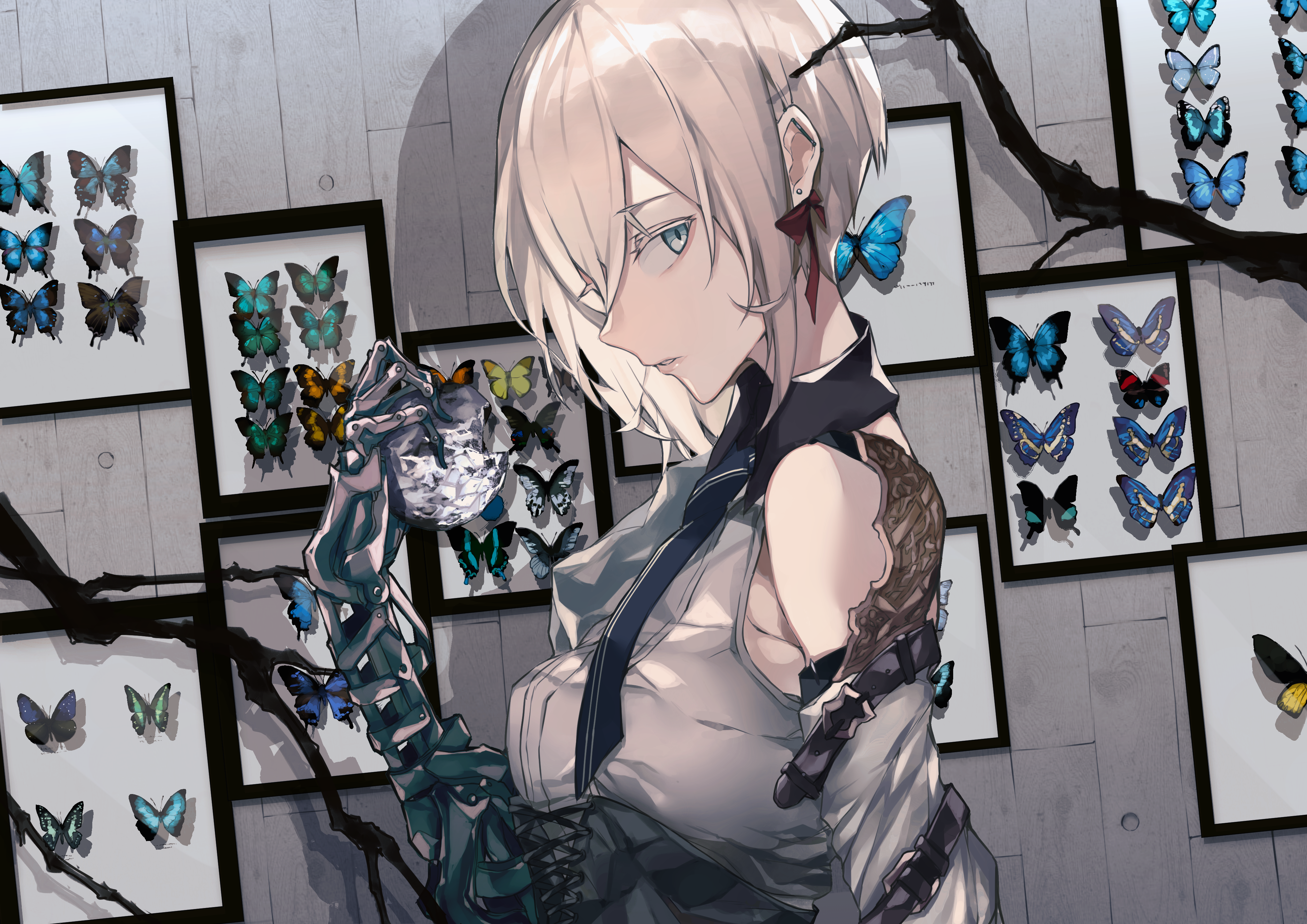 Anime 4093x2894 butterfly white hair robotic blue eyes branch