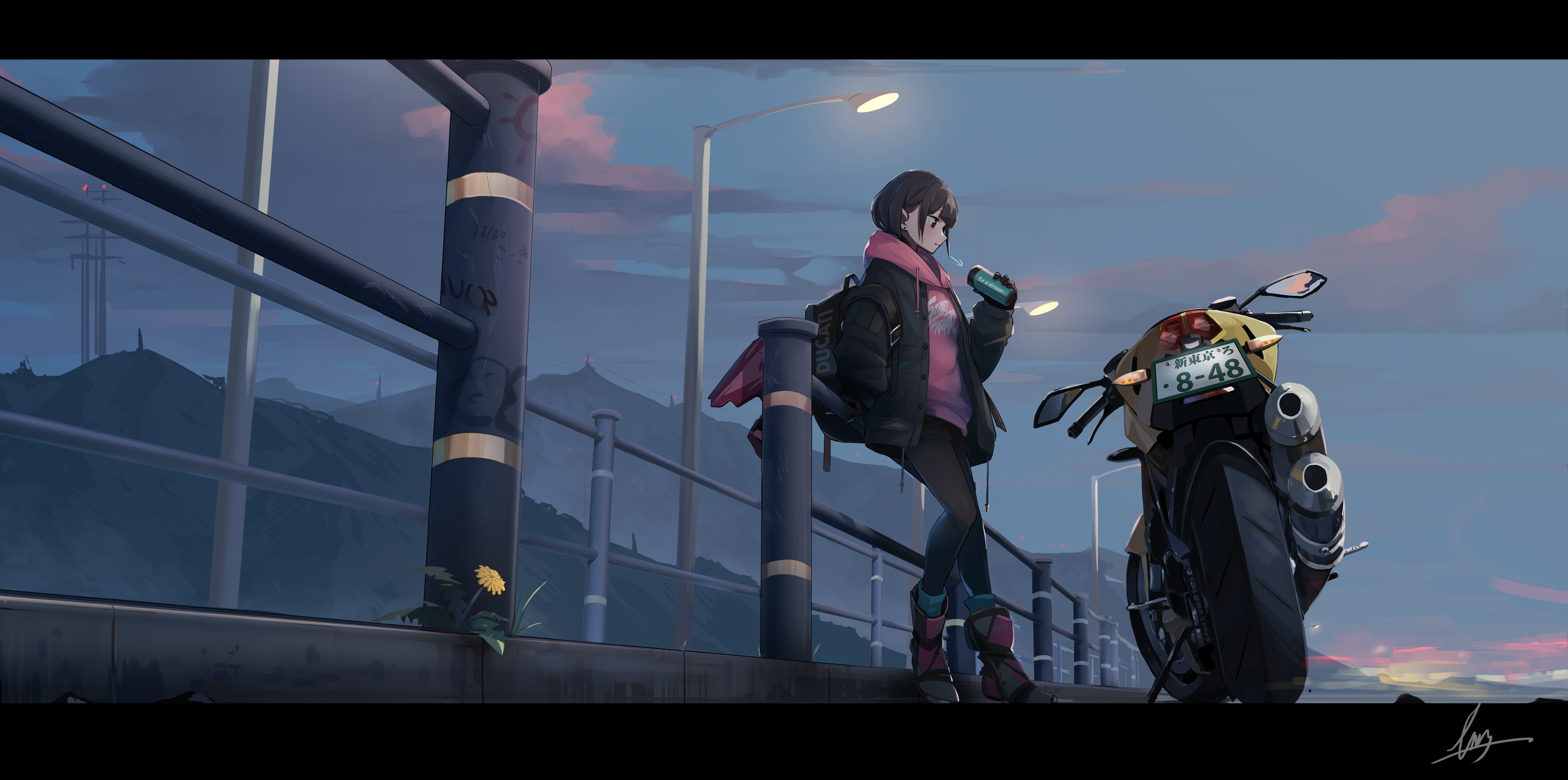 Anime 5041x2508 anime motorcycle scarf jacket boots street light clouds fence Street Fighter