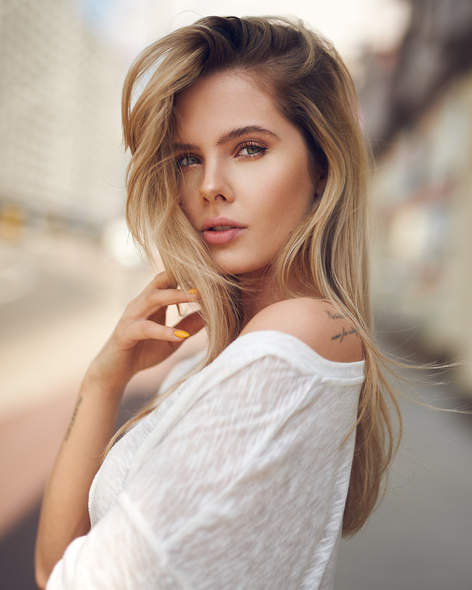 People 1615x2018 women outdoors face portrait display women looking at viewer green eyes depth of field straight hair blonde white shirt bare shoulders pink lipstick blurred painted nails tattoo photography Bulinko Piotr