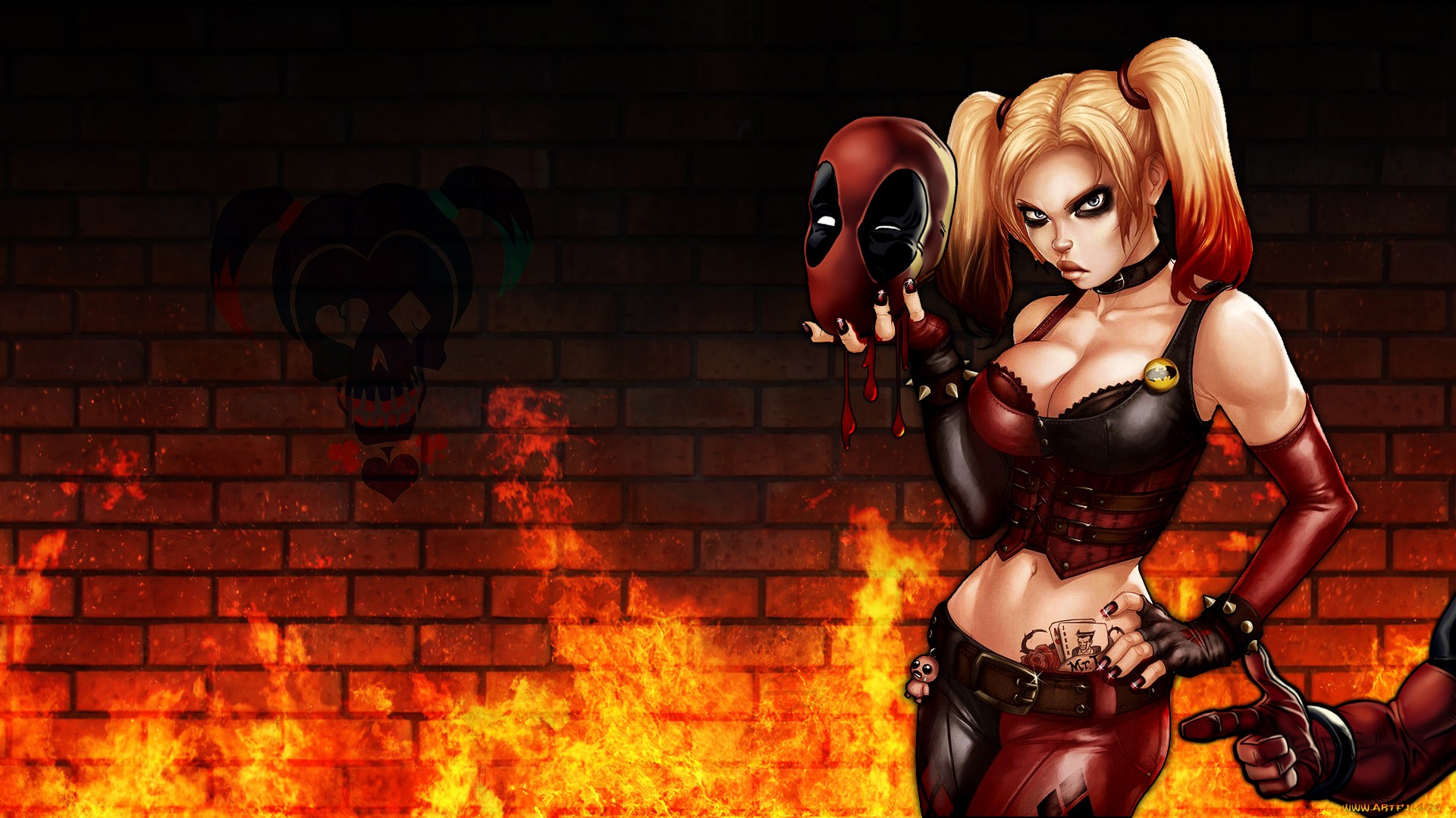 General 1920x1080 Harley Quinn blood Deadpool boobs antiheroes blonde digital art watermarked
