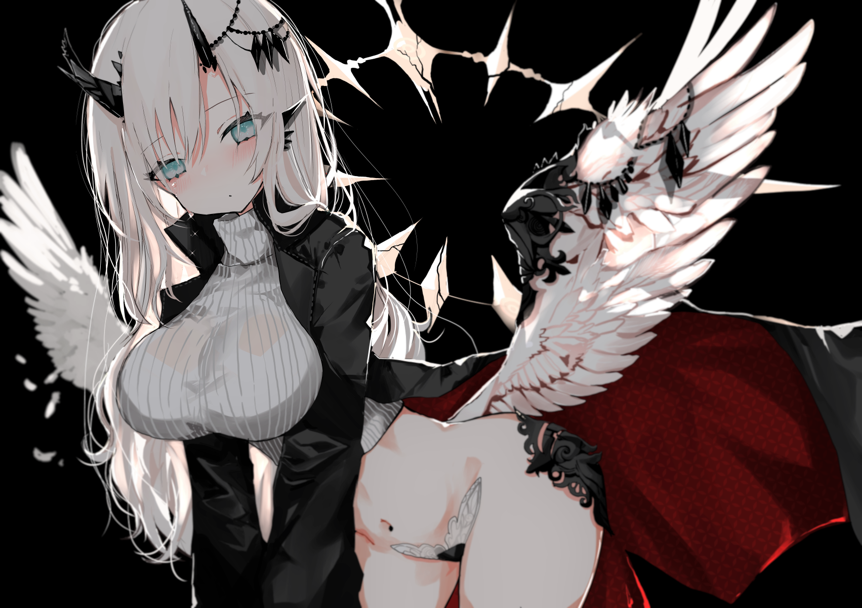 Anime 1703x1202 anime girls anime original characters wings simple background big boobs horns