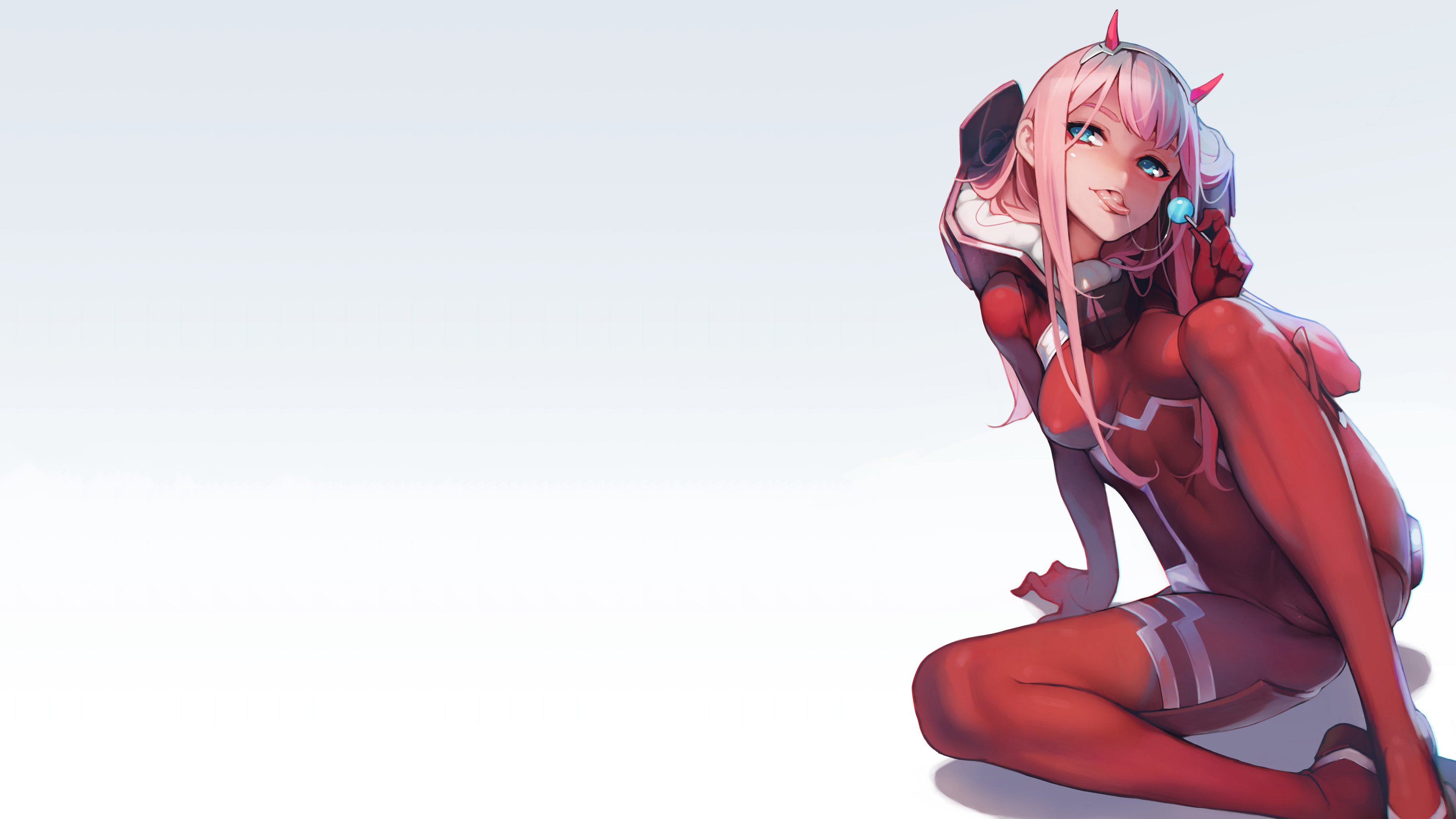 Anime 3840x2160 Zero Two (Darling in the FranXX) Darling in the FranXX anime girls cameltoe bodysuit saliva trail lollipop horns pink hair blue eyes Ataruman mecha girls tight clothing saliva tongue out plugsuit bright white background