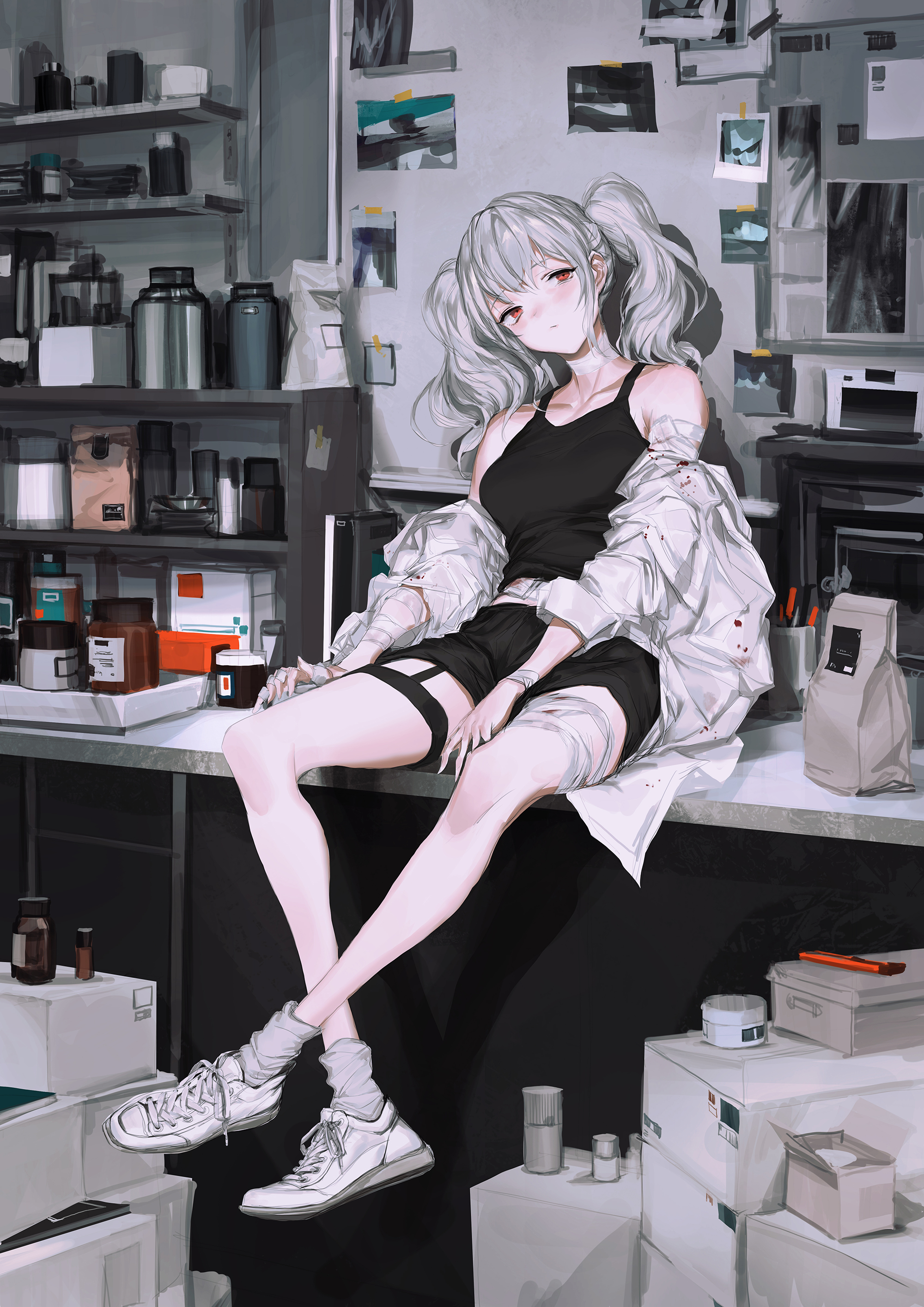 Anime 2000x2829 anime girls anime original characters legs portrait display silver hair white hair red eyes pale bandages sneakers _LM7_ women indoors indoors