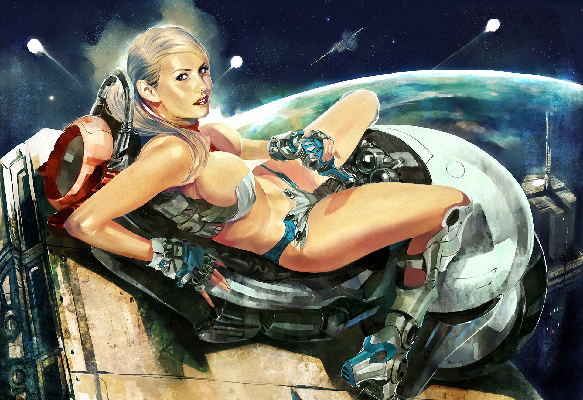 General 1920x1317 women fantasy art futuristic space looking at viewer blonde satellite white hair armor legs lying down lying on back gloves shooting stars tower stars flying spaceship artwork science fiction gray hair retro science fiction bare shoulders silver hair bare midriff skyscraper Earth cleavage parted lips pilot aircraft bikini armor