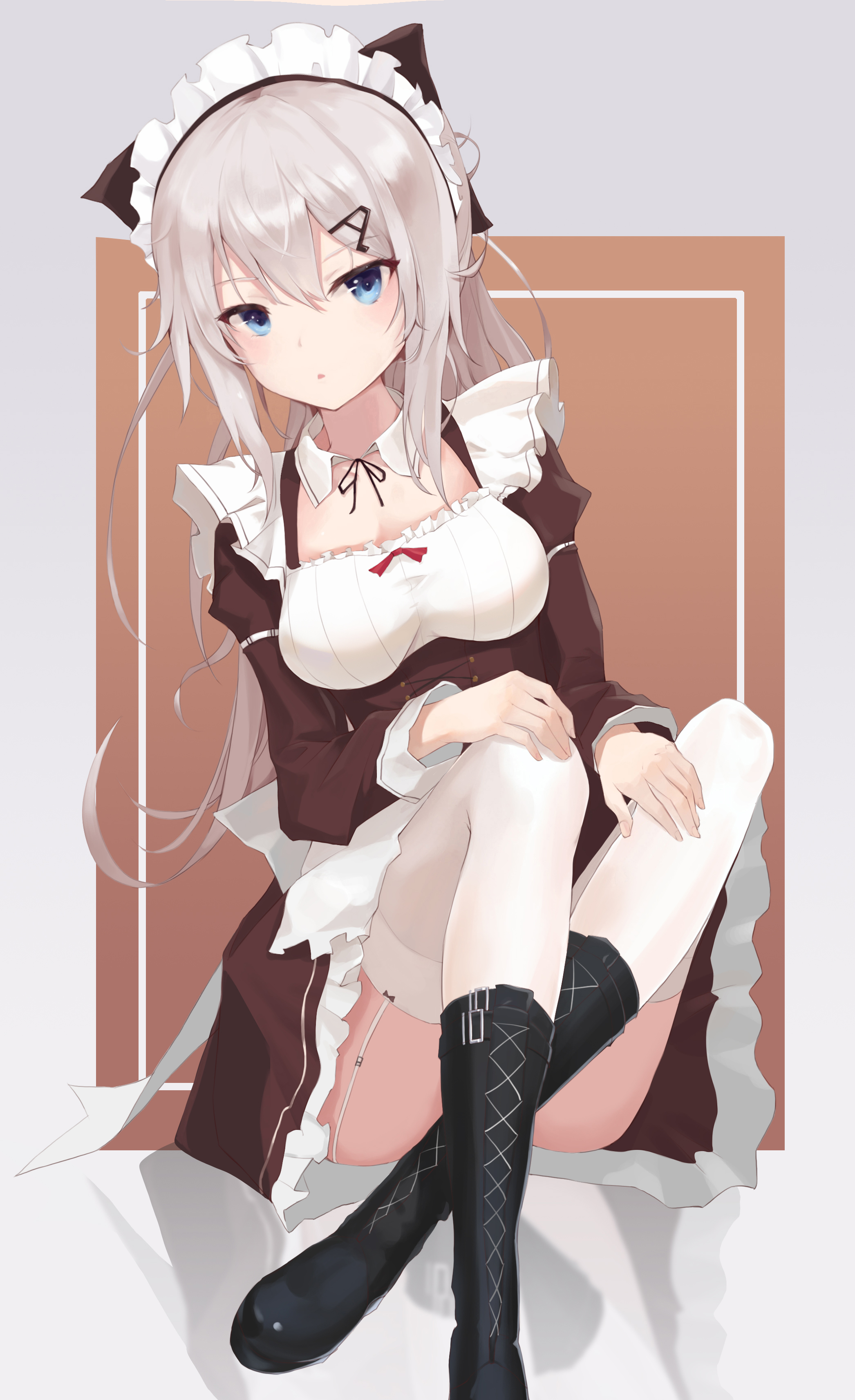 Anime 2092x3426 white background 9A-91 (Girls Frontline) heels maid maid outfit stockings thigh-highs silver hair headdress blue eyes legs crossed sitting Girls Frontline anime girls Serika