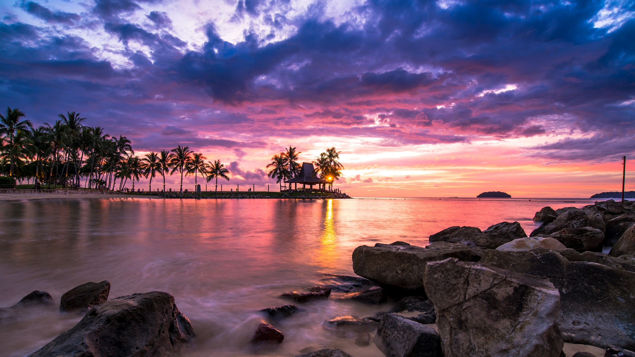General 2560x1440 beach landscape sunrise sea water palm trees low light horizon clouds