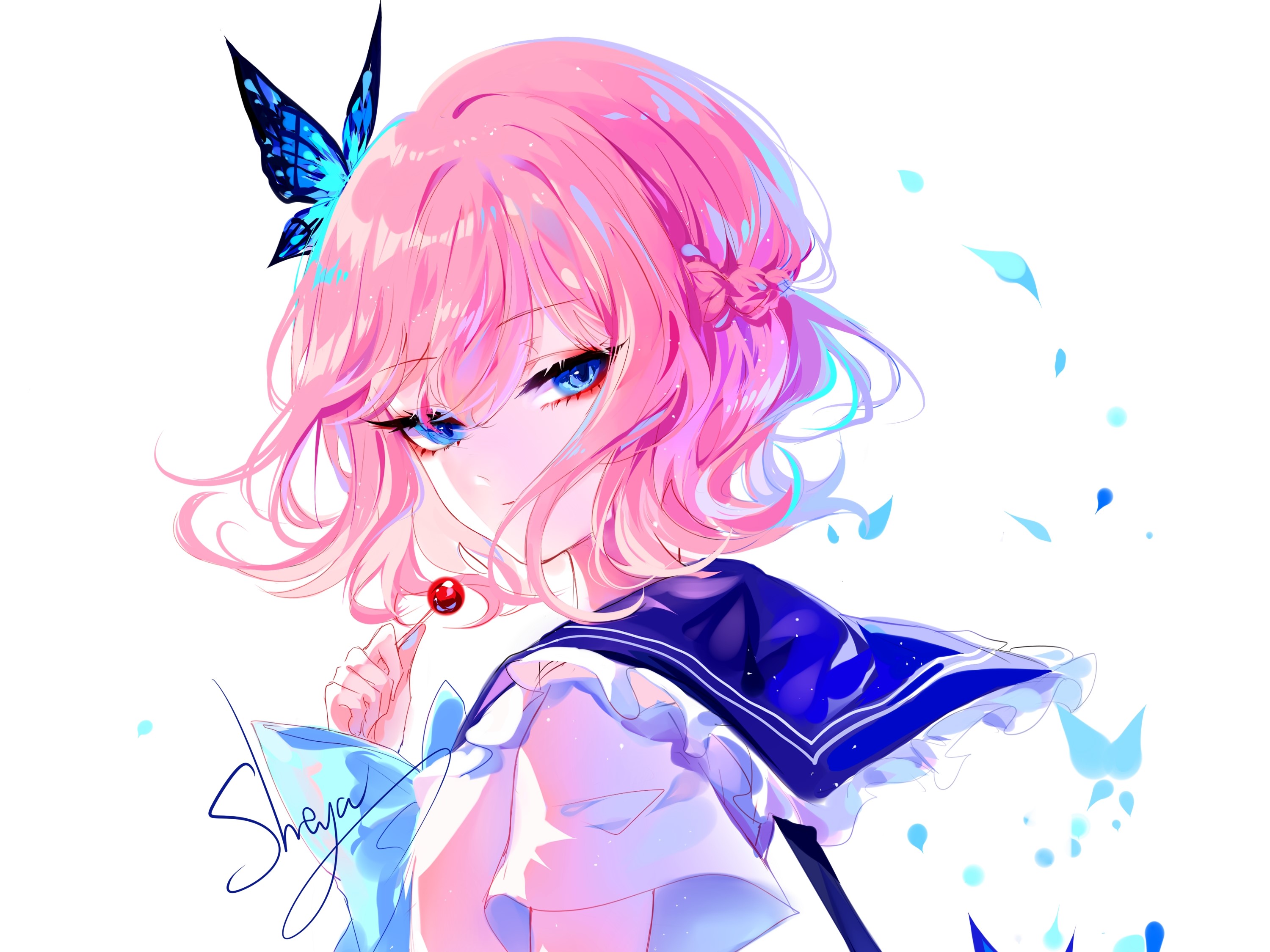 Anime 3000x2250 anime 2D digital art artwork anime girls sheya pink hair blue eyes school uniform lollipop