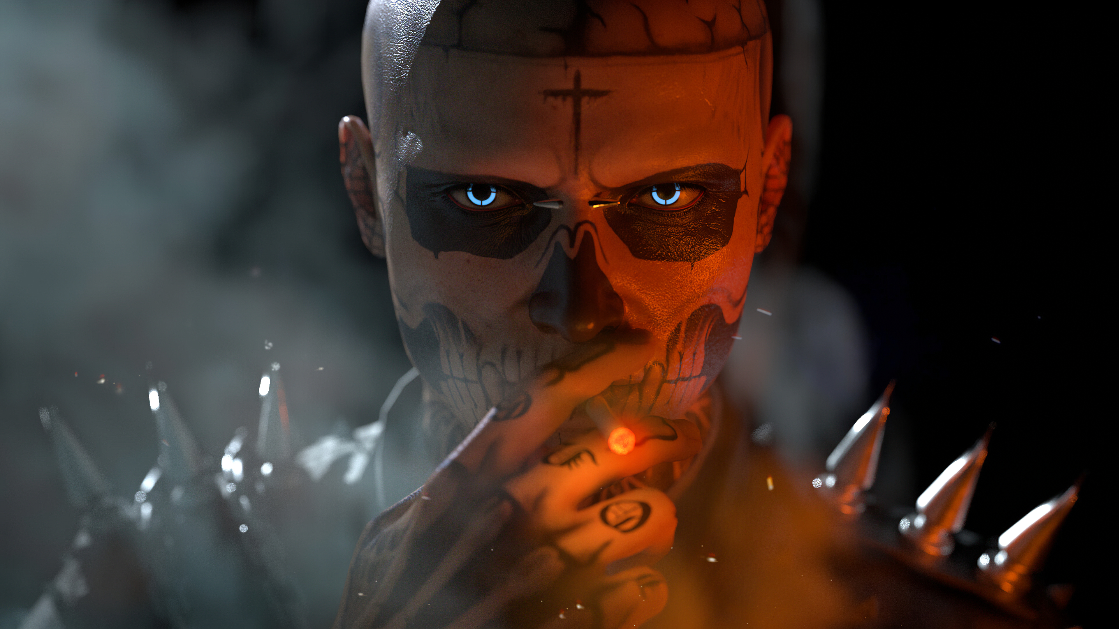 People 3840x2160 Wayne Wan skeleton spikes cigarettes tattoo zombie boy Rick Genest frontal view cross skull face paint closeup digital art