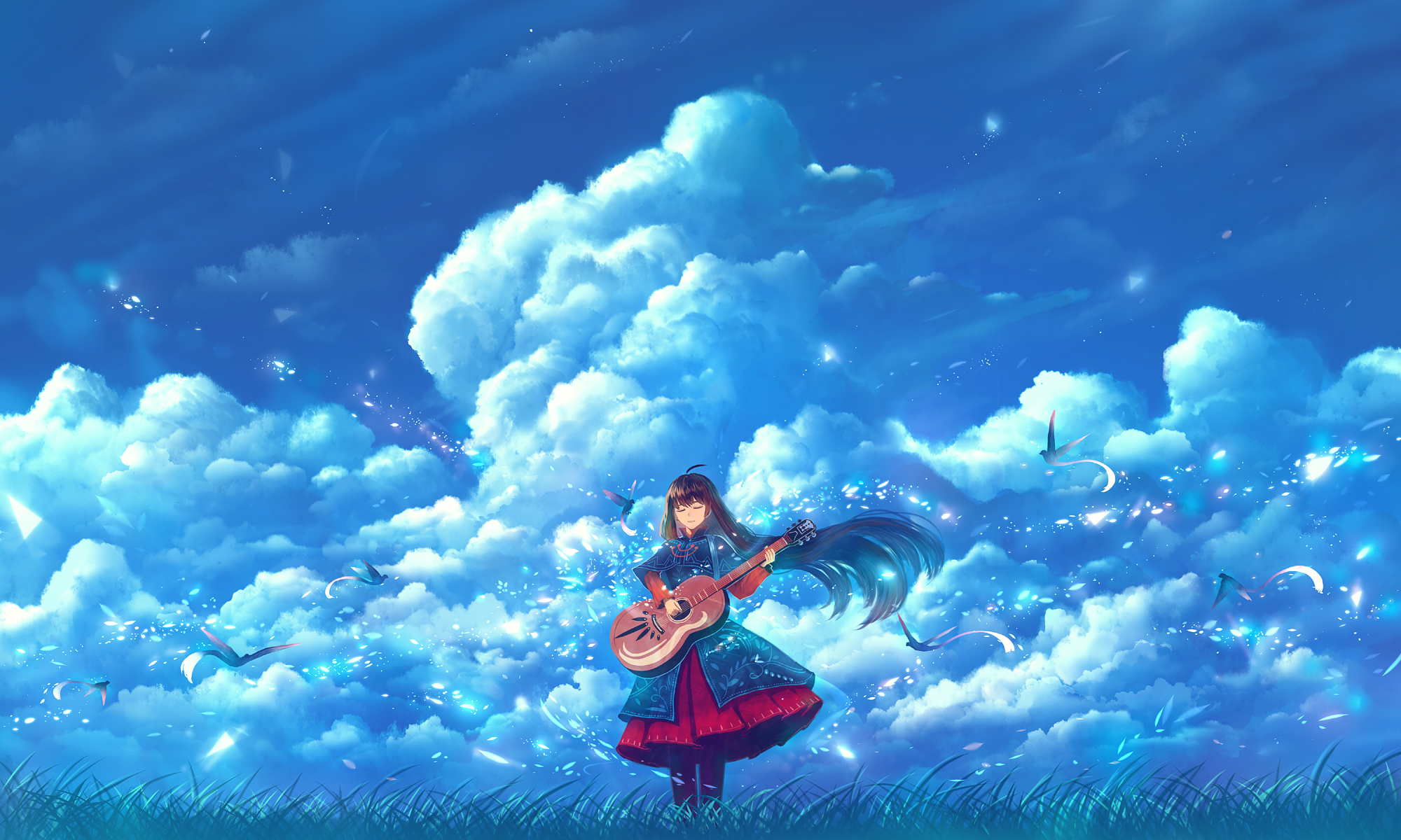 Anime 2000x1200 clouds sky birds black hair guitar dress long hair petals musical instrument colorful Bou Nin
