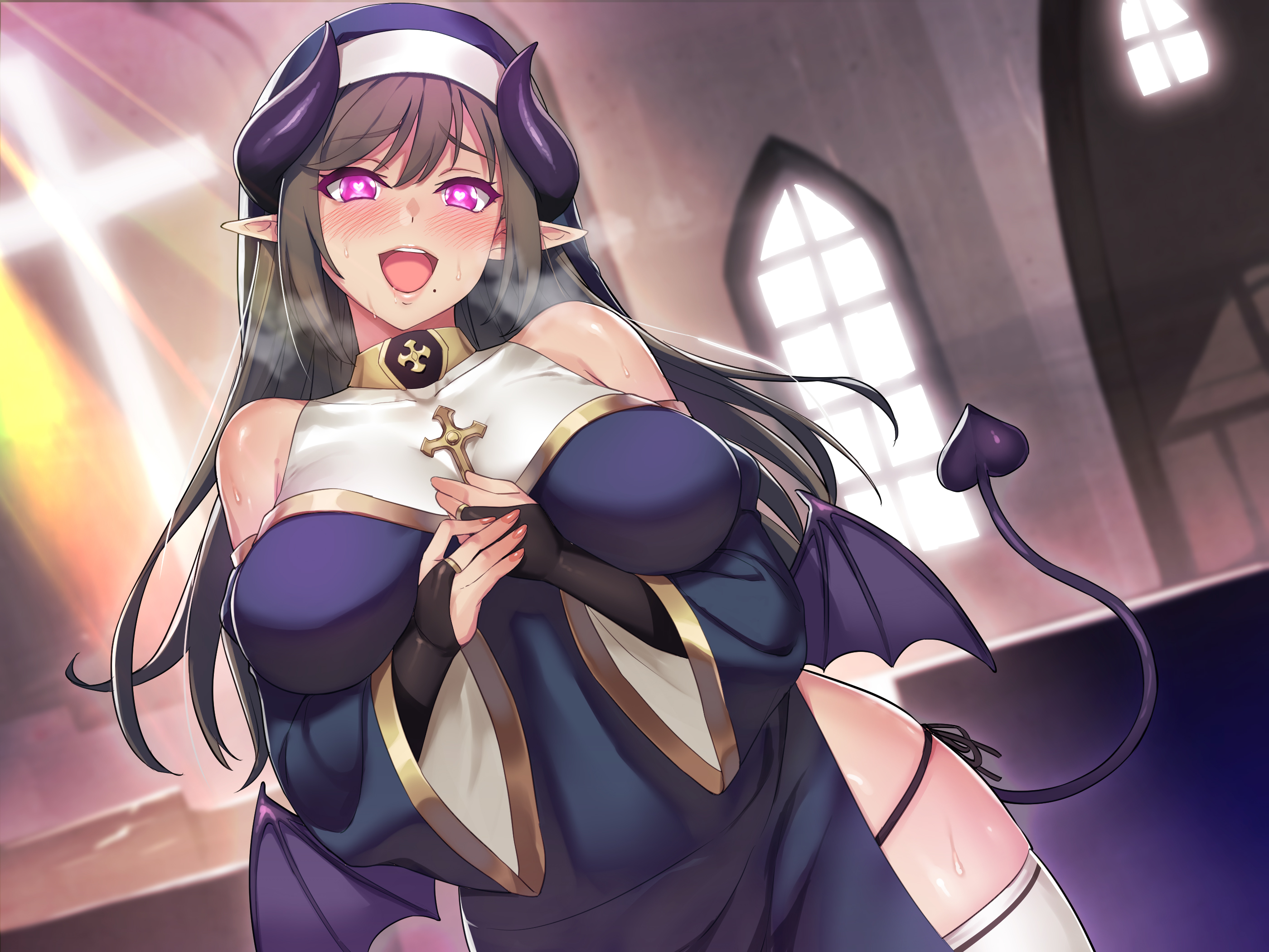 Anime 2800x2100 blushing horns tail pointy ears open mouth headdress demon girls brunette long hair pink eyes wings thigh-highs succubus holding boobs nuns Umiharu