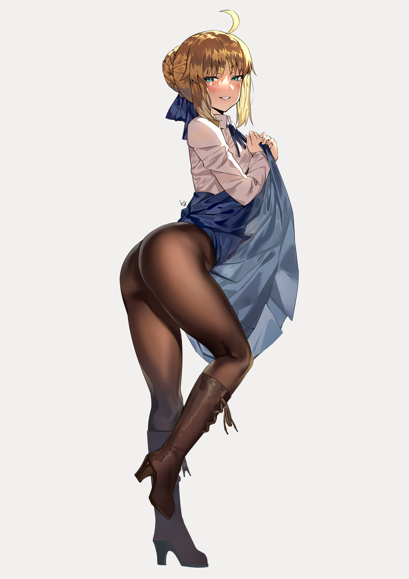 Anime 1400x1980 Fate series Fate/Stay Night anime girls blushing long hair pantyhose 2D Saber thighs fan art heels portrait display ecchi glutes thick thigh the gap ahoge ass thick ass Club3 Artoria Pendragon black socks  nopan brown boots braids blonde embarrassed looking at viewer smiling thigh high boots curvy