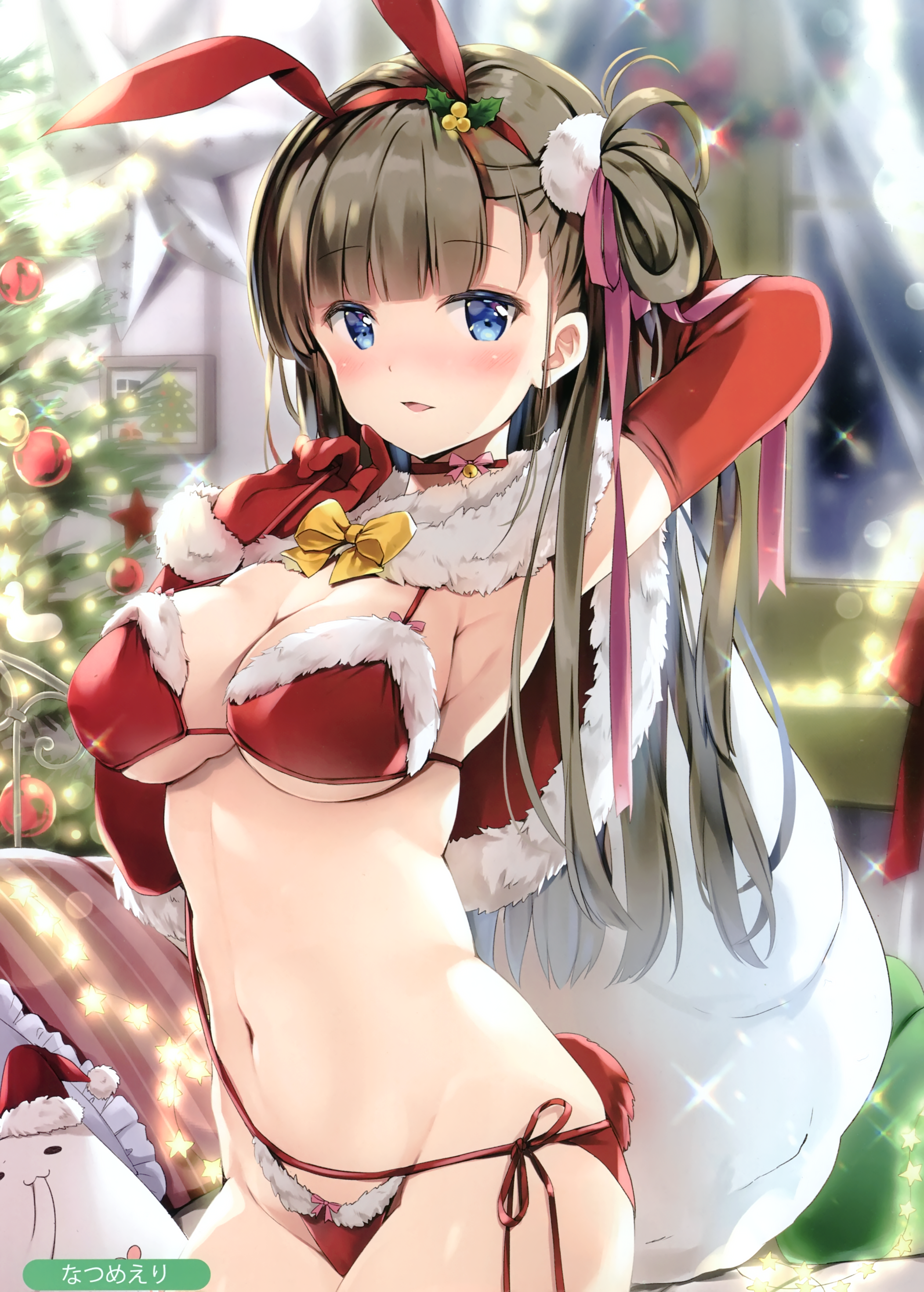 Anime 2103x2940 anime anime girls digital art artwork 2D portrait display Natsume Eri Christmas Christmas tree bunny ears bikini big boobs blushing blue eyes dark hair