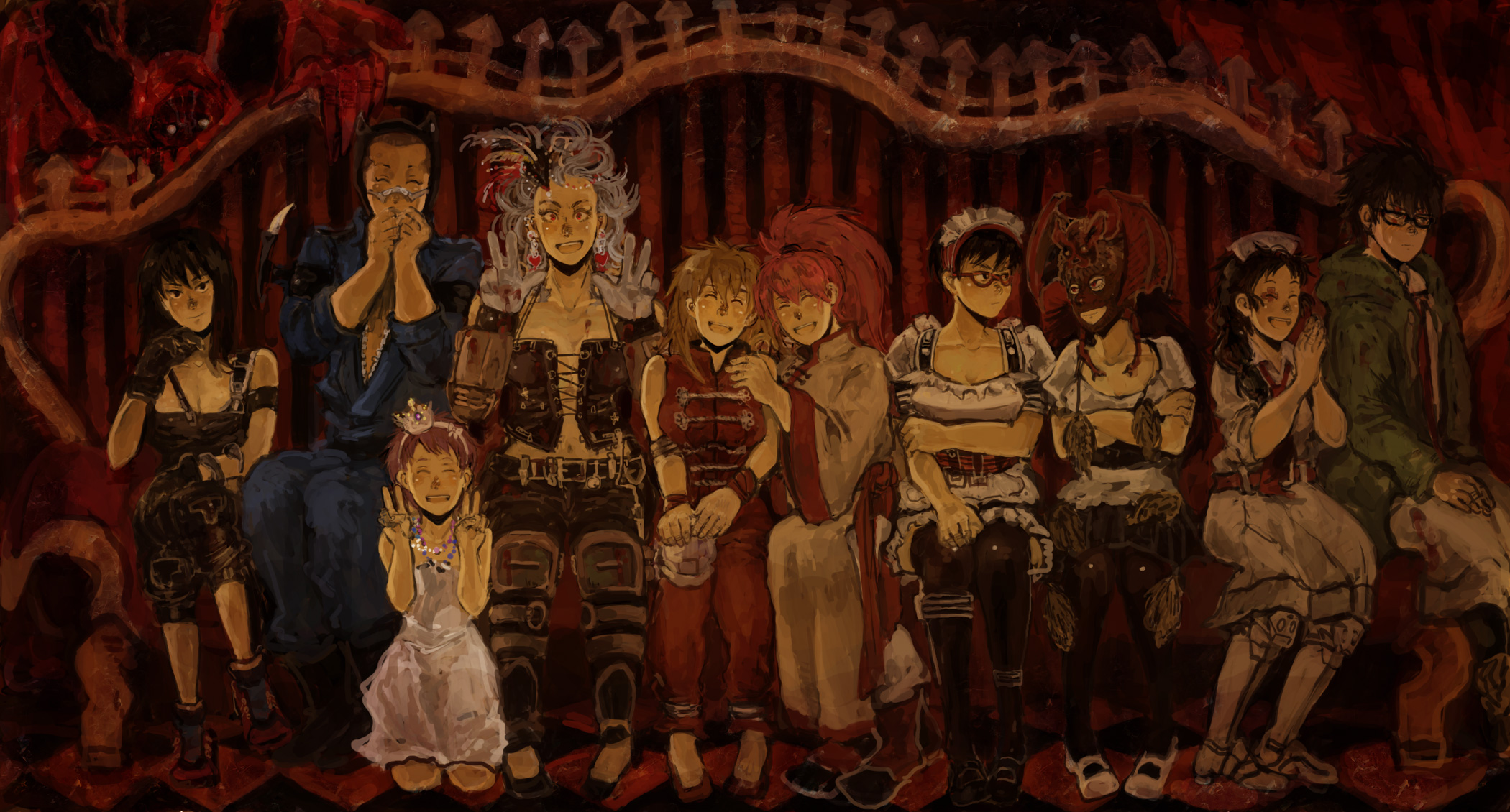 Anime 2100x1130 Dorohedoro anime girls 2D big boobs small boobs manga sketch anime boys long hair short hair blonde gray hair black hair redhead mask cleavage open mouth laughing Noi (Dorohedoro) Nikaido (Dorohedoro) Ebisu (Dorohedoro) Haru (Dorohedoro) maid outfit looking at viewer thighs muscles no bra black corset fan art belly red eyes blue eyes demon blushing anime frontal view