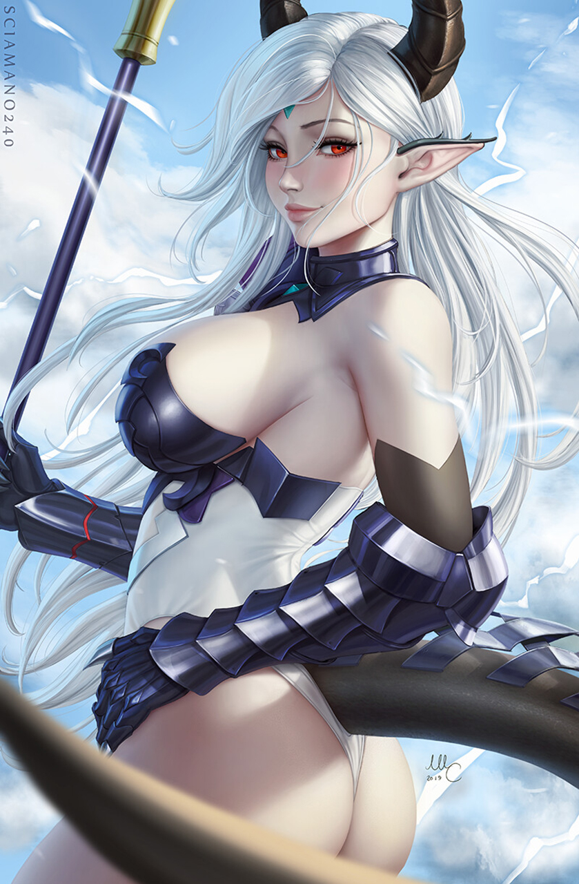 General 839x1280 Mirco Cabbia drawing Epic Seven Luna women silver hair long hair horns armor sideboob skimpy clothes bodysuit ass weapon blushing red eyes smiling sky clouds Luna (Epic Seven)