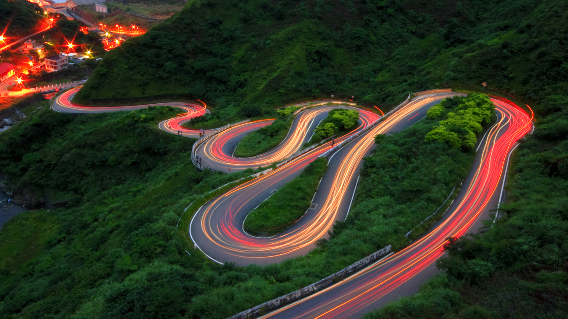 General 1920x1080 nature landscape road house lights long exposure trees forest plants Taipei Taiwan hairpin turns