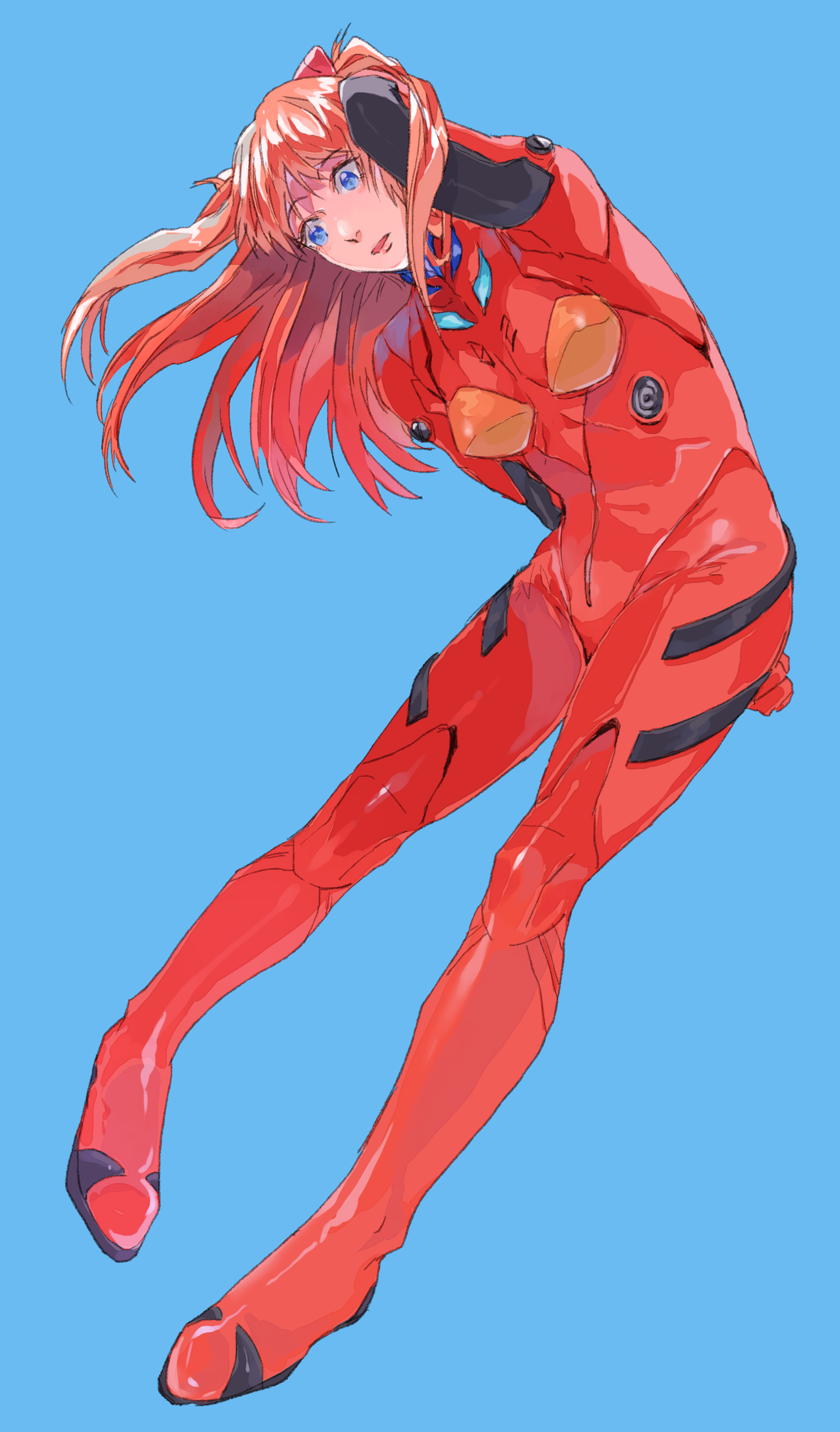 Anime 1600x2726 Neon Genesis Evangelion anime girls small boobs simple background long hair redhead thigh-highs plugsuit looking at viewer Asuka Langley Soryu fan art 2D portrait display twintails blue eyes barefoot