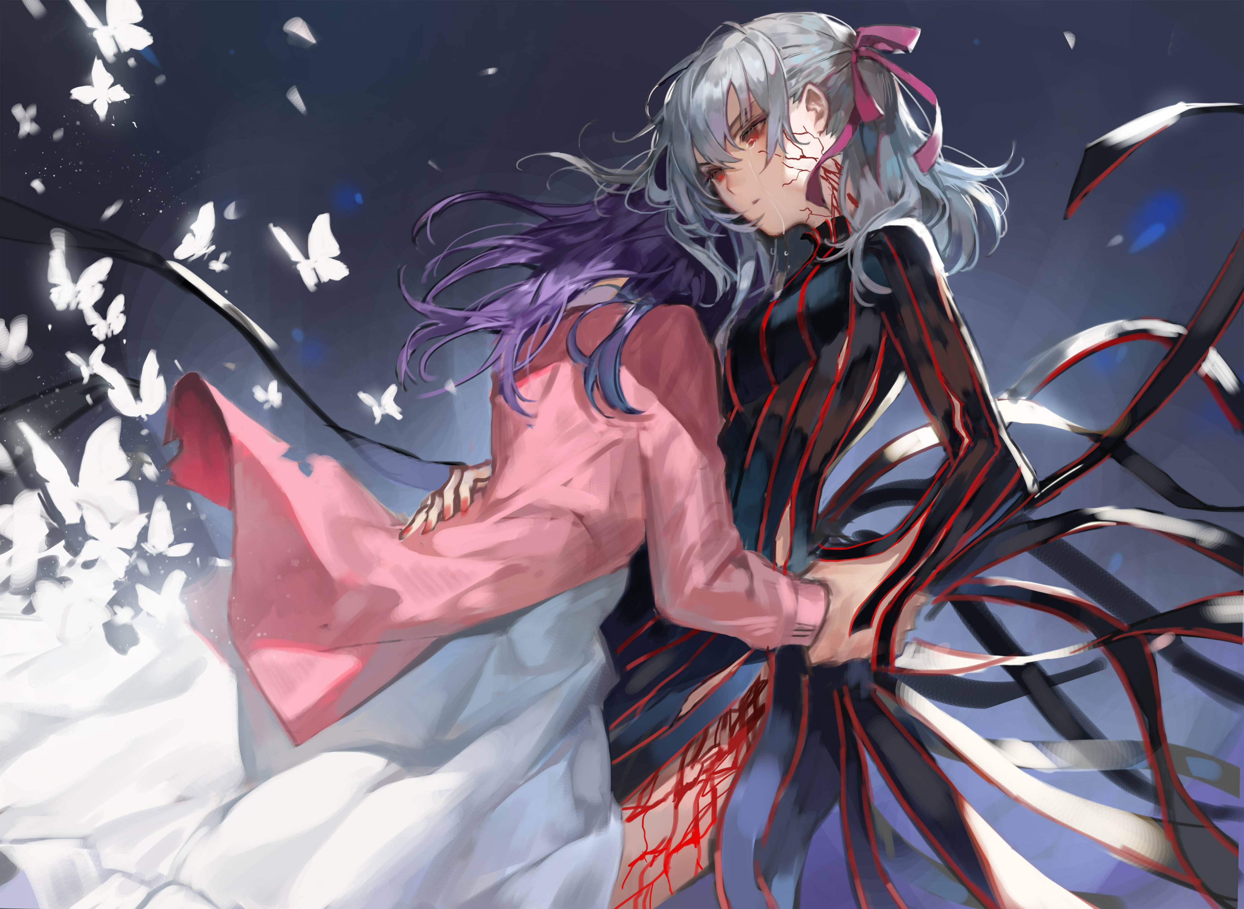 Anime 4000x2924 Fate series fate/stay night: heaven's feel Fate/Stay Night anime girls 2D black dress Matou Sakura long hair fan art gray hair crying purple hair white dress hugging multi-colored hair butterfly red eyes low-angle
