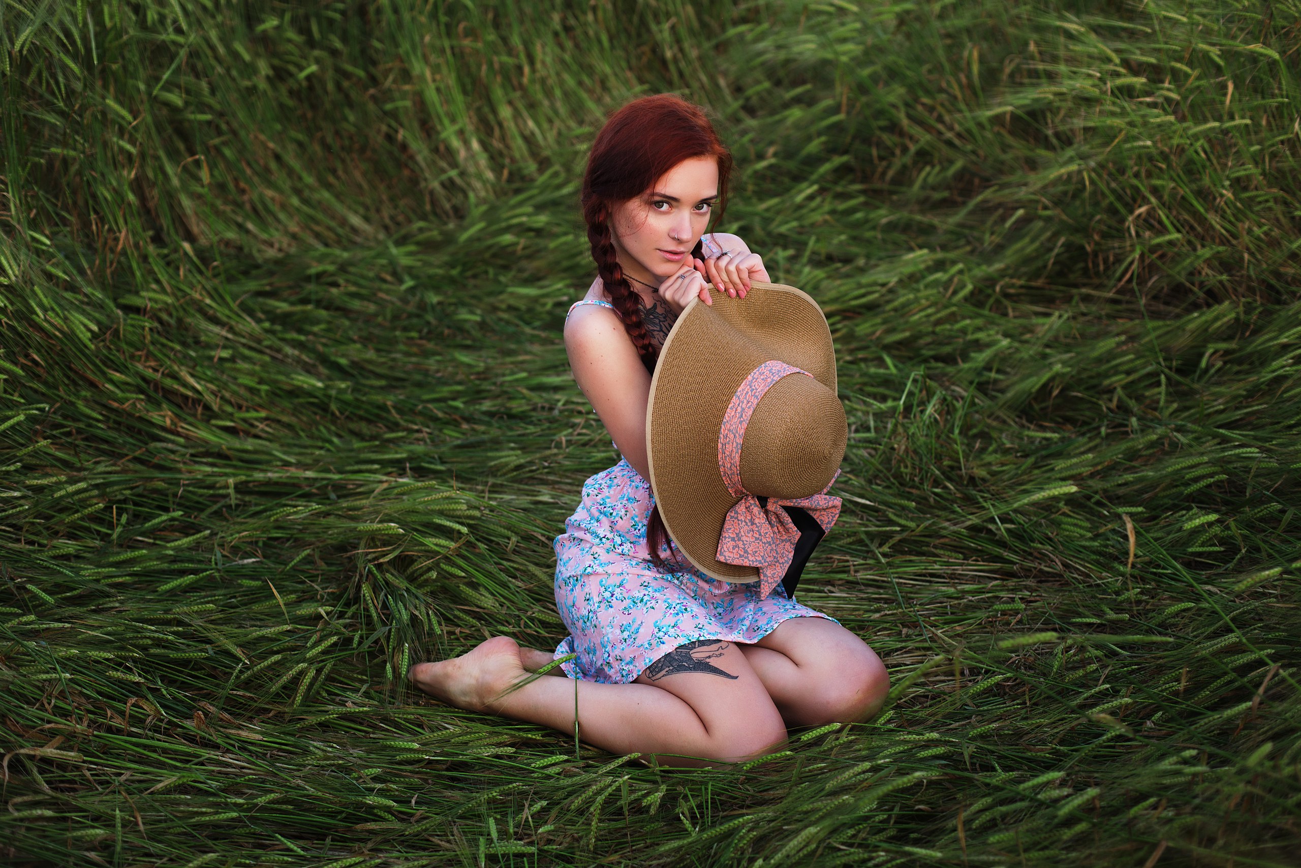 People 2560x1707 Kaleria Suicide  women model redhead long hair braids hat looking at viewer kneeling barefoot nose ring smiling depth of field necklace dress plants wheat outdoors women outdoors tiptoe floppy hat