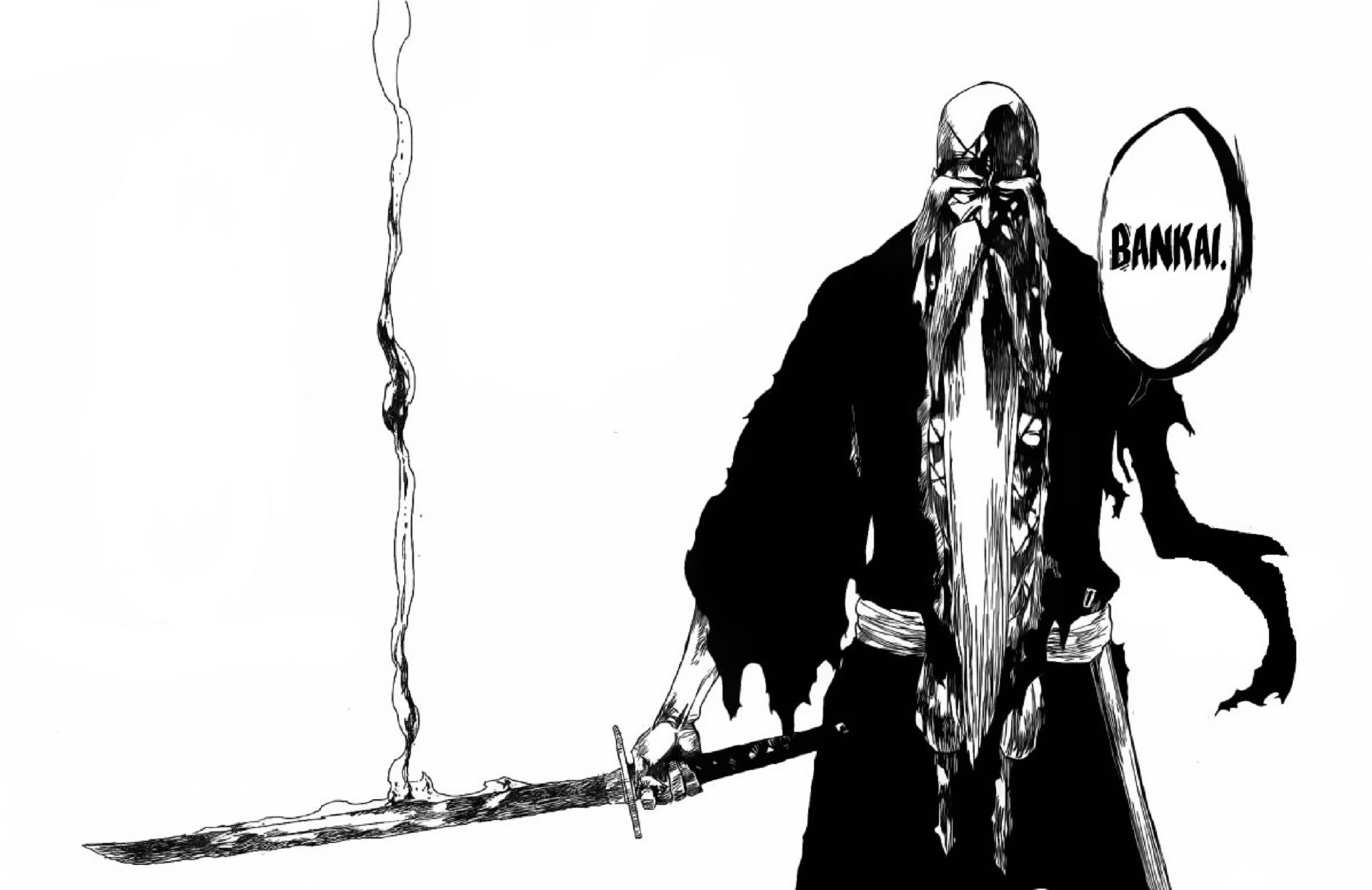 Anime 1920x1245 anime bankai Bleach Genryūsai Shigekuni Yamamoto manga sword monochrome simple background old people