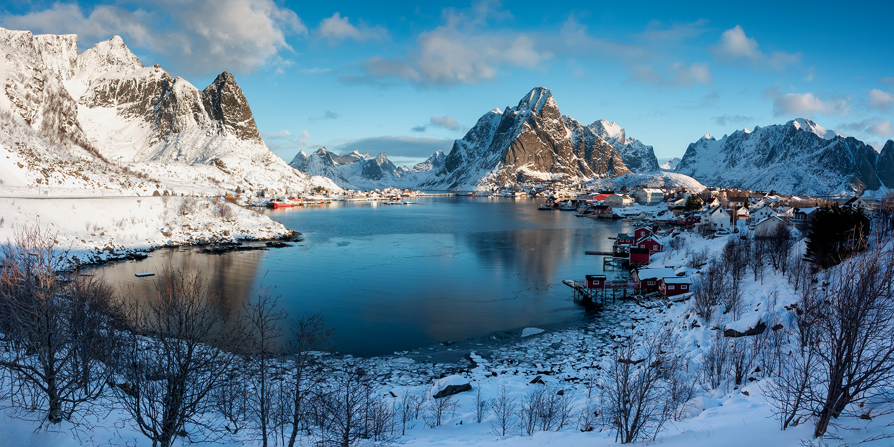 General 1800x900 snow snowy mountain clouds winter trees fall house lake sunrise landscape Reine Norway