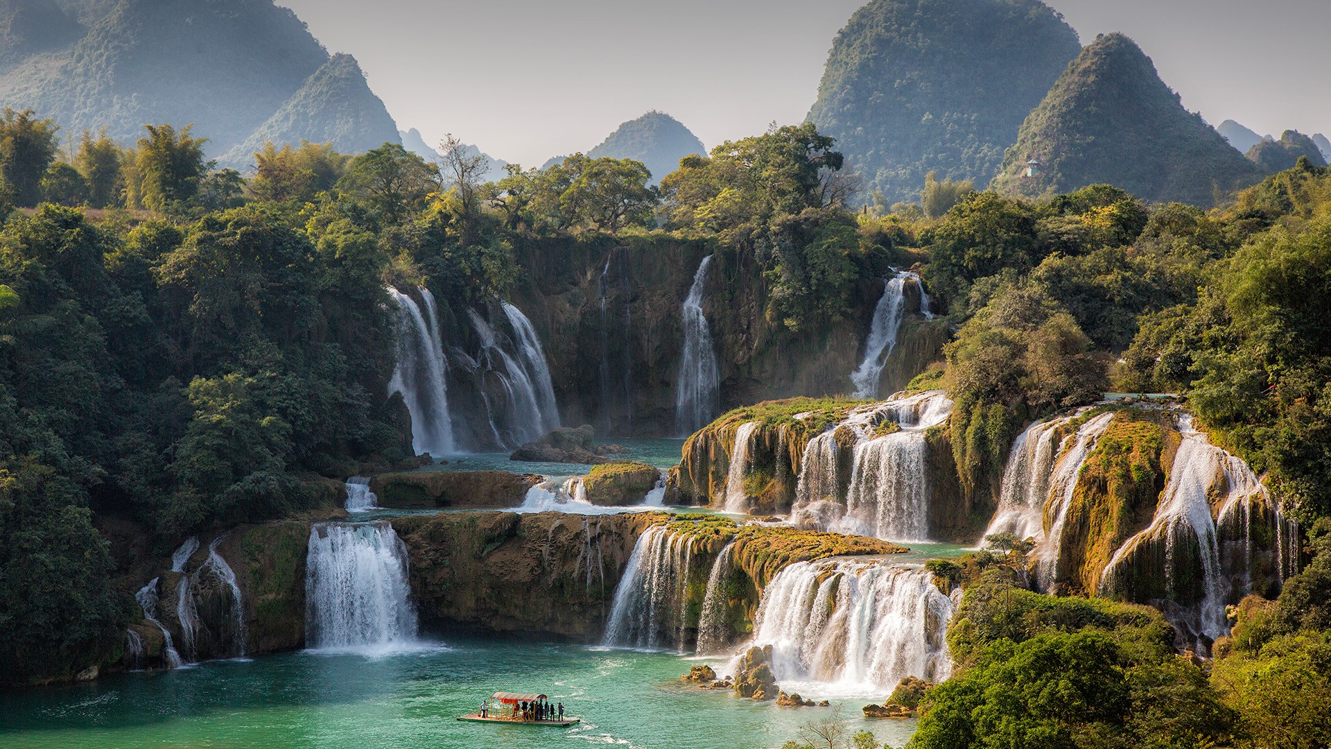 General 1920x1080 lake landscape China Vietnam forest mountains water boat Detian Falls Quây Sơn River trees waterfall