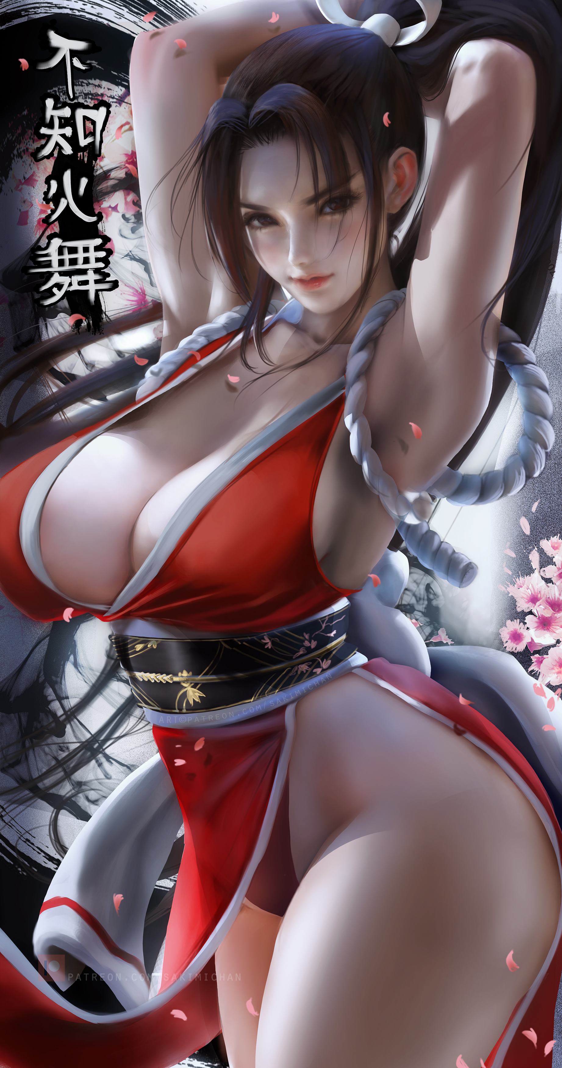 General 1843x3500 fantasy girl Mai Shiranui Fatal Fury King of Fighters SNK video games video game characters brunette ponytail long hair dark hair curvy thighs illustration Sakimichan Kunoichi cleavage big boobs thick thigh looking at viewer portrait display artwork drawing digital art fan art
