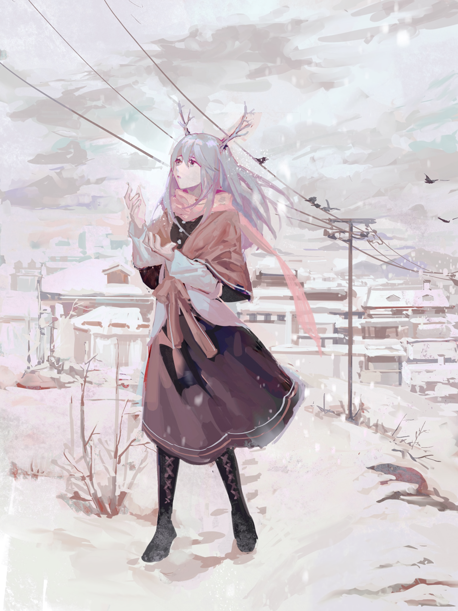 Anime 1536x2048 winter anime girls horns silver hair scarf snow