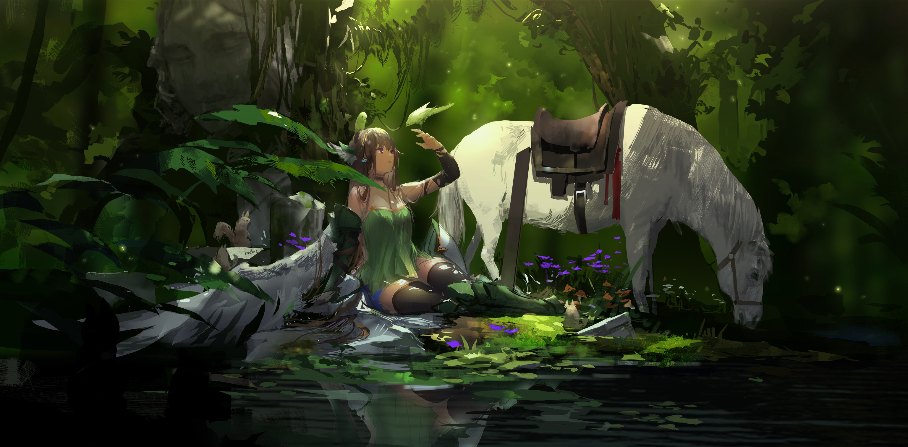 Anime 3071x1512 anime anime girls forest river horse parrot squirrel Swd3e2 Pixiv thigh-highs