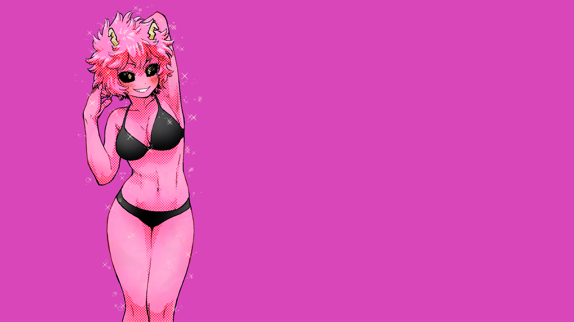 Anime 1920x1080 simple background anime anime girls ecchi Boku no Hero Academia Ashido Mina pink swimwear black swimsuit belly belly button looking at viewer horns monster girl bikini black bikinis thighs thigh-highs