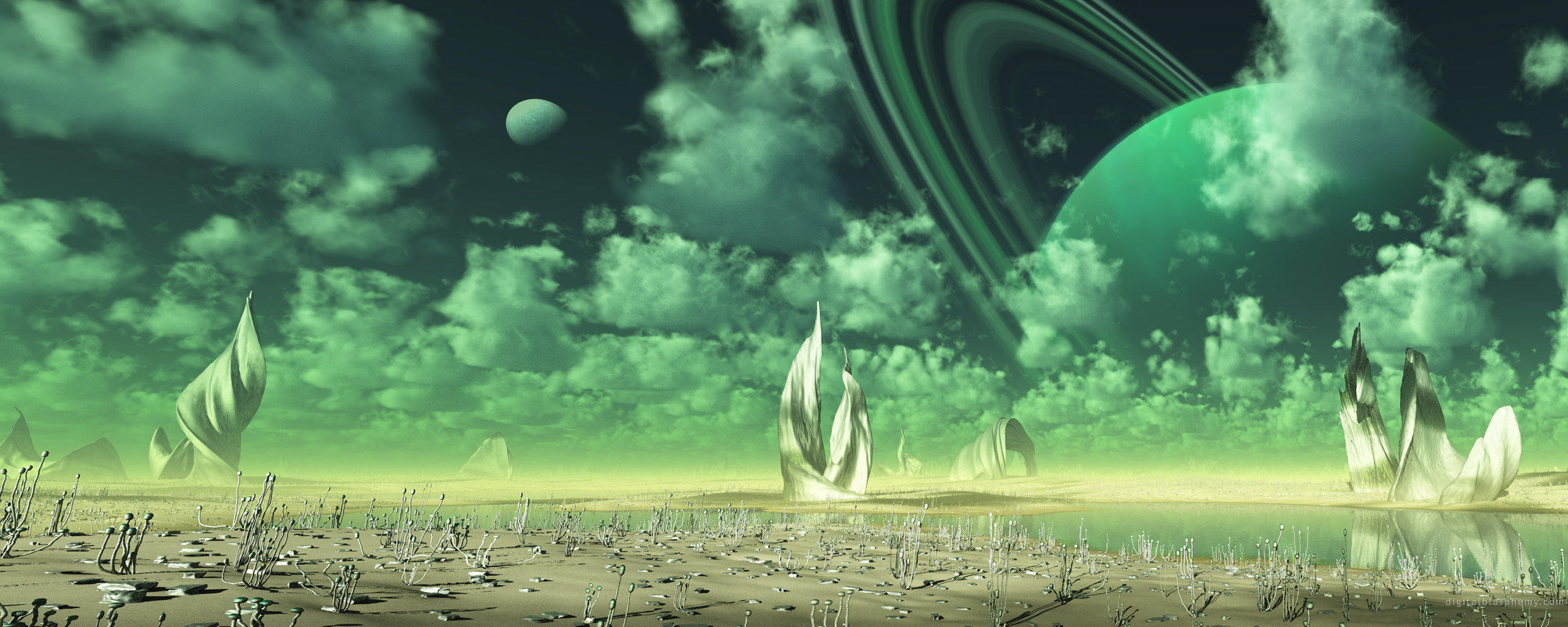 General 2560x1024 wide screen alien world planet planetary rings digital art Digital Blasphemy