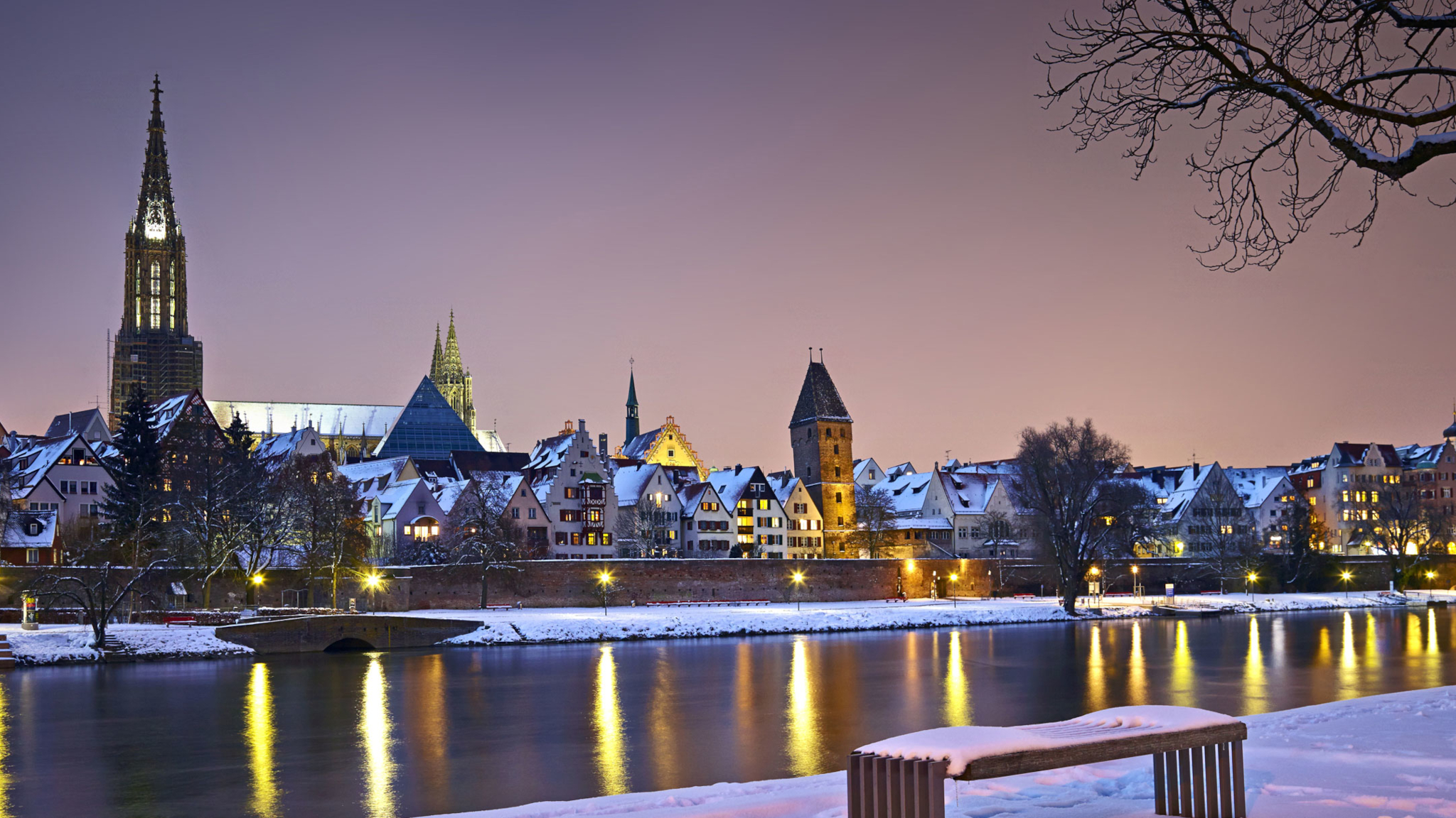 General 2048x1152 Cologne Germany cityscape winter snow sunrise river city lights church outdoors cold lights