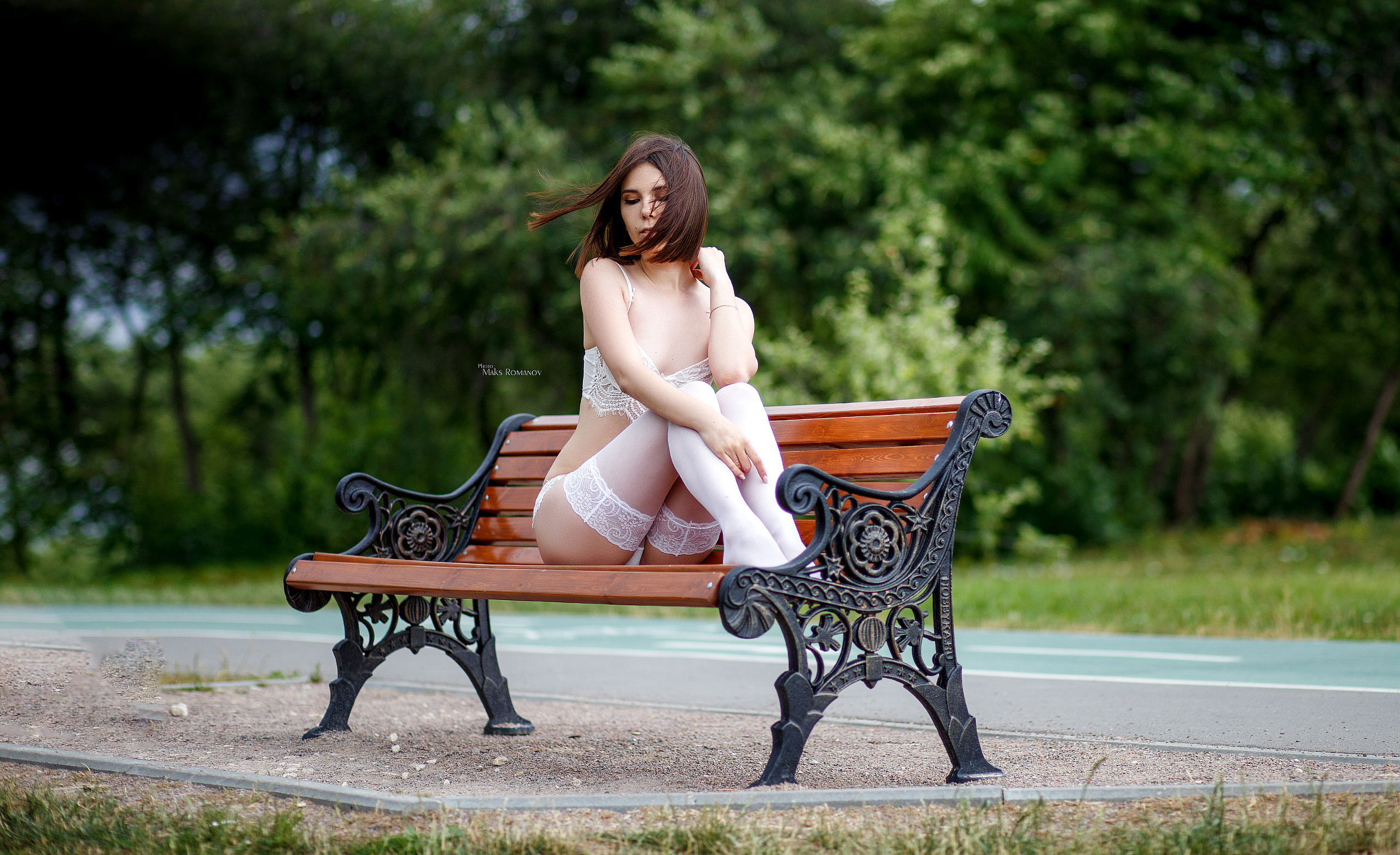 People 2560x1564 women Maxim Romanov women outdoors bench sitting white lingerie on bench
