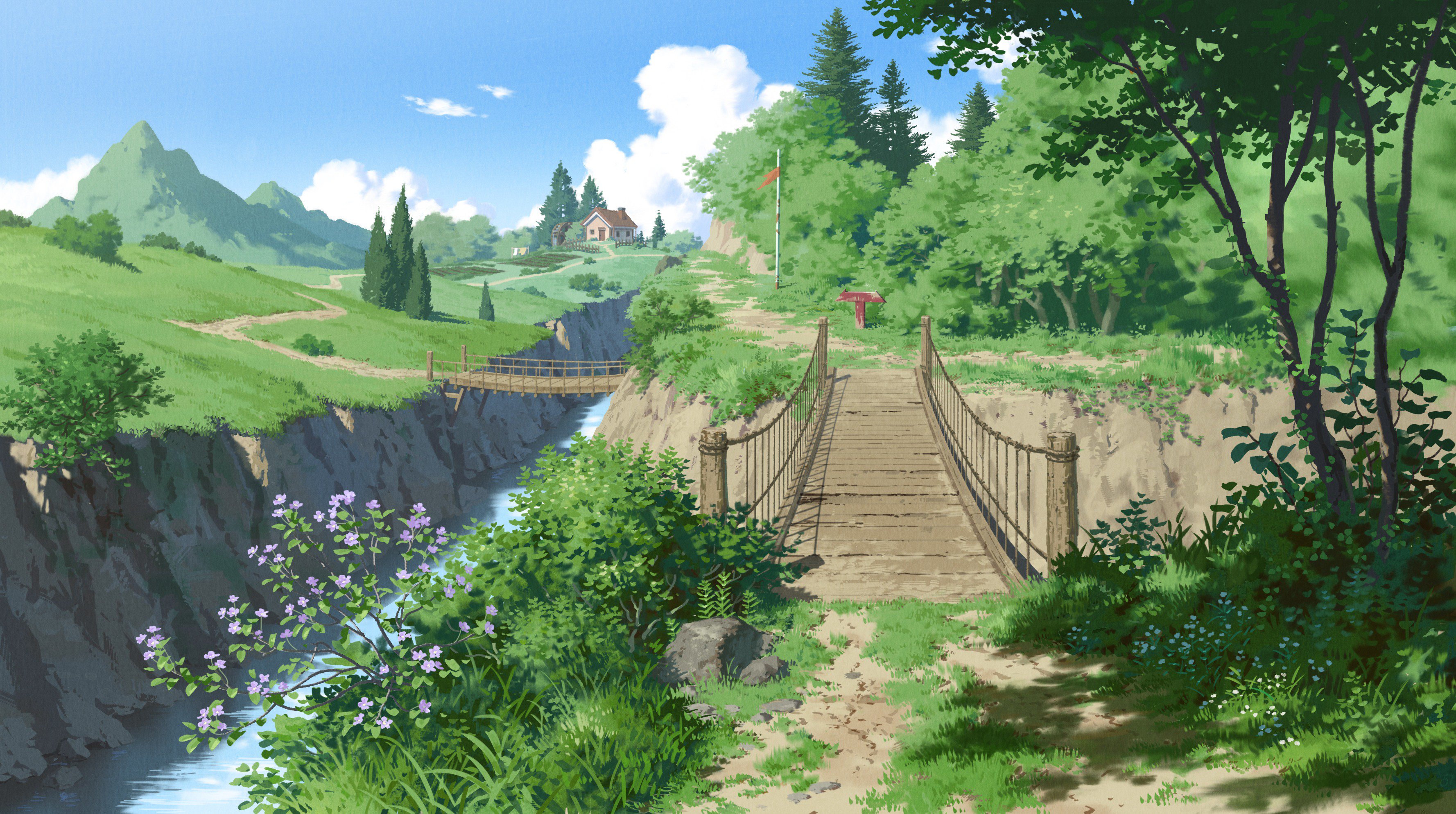 Anime 3556x1988 nature digital art forest trees bridge house grass flowers path