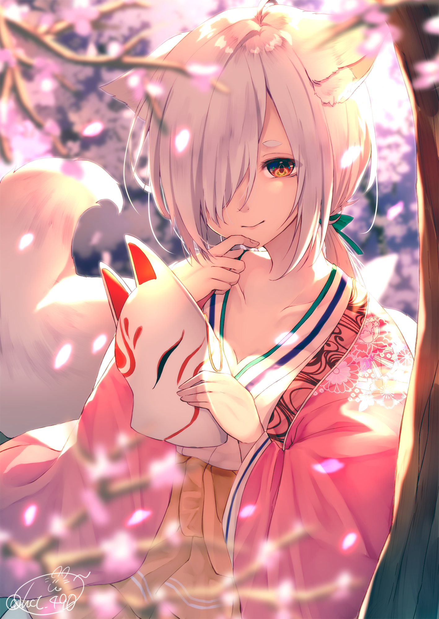 Anime 1417x2000 chita (ketchup) animal ears cleavage Japanese clothes fox girl tail mask